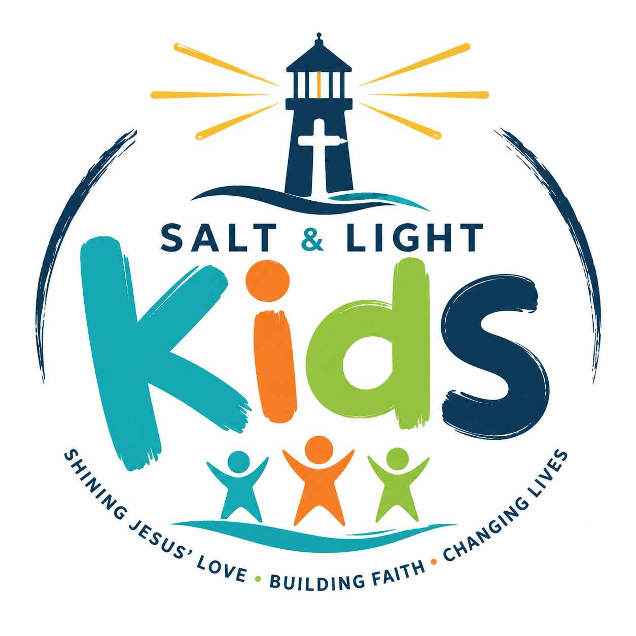 Logo for Salt & Light Kids organization with a lighthouse, colorful children figures, and text that reads "Shining Jesus' Love, Building Faith, Changing Lives".