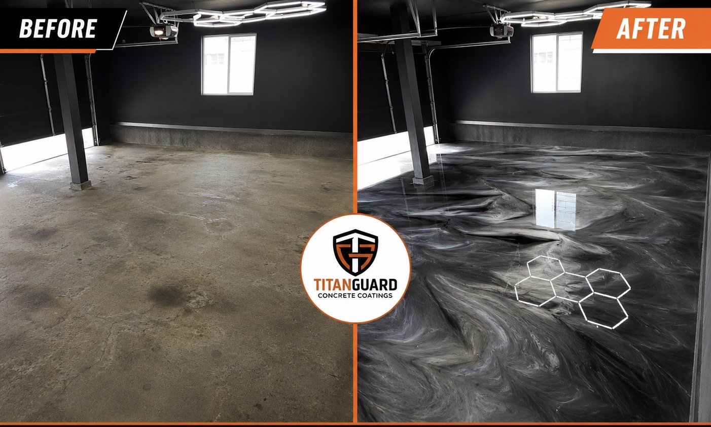 Before and after metallic epoxy floor installation featuring a custom black and silver finish in Wichita, KS.