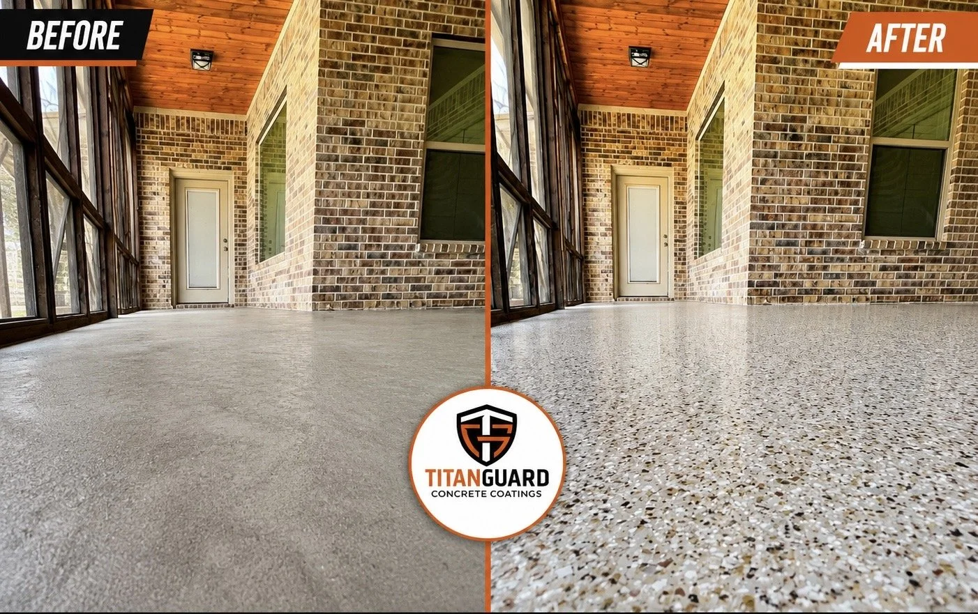 Before and after patio concrete coating with decorative flake flooring installed by Titan Guard Concrete Coatings.