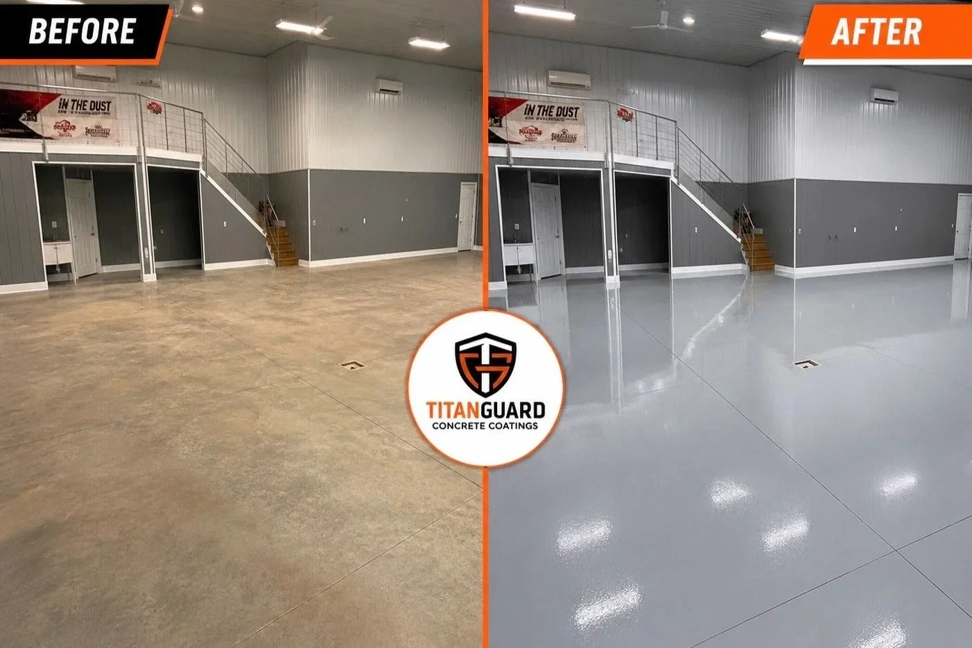 Before and after commercial concrete floor coating transformation by Titan Guard Concrete Coatings in Wichita, Kansas.