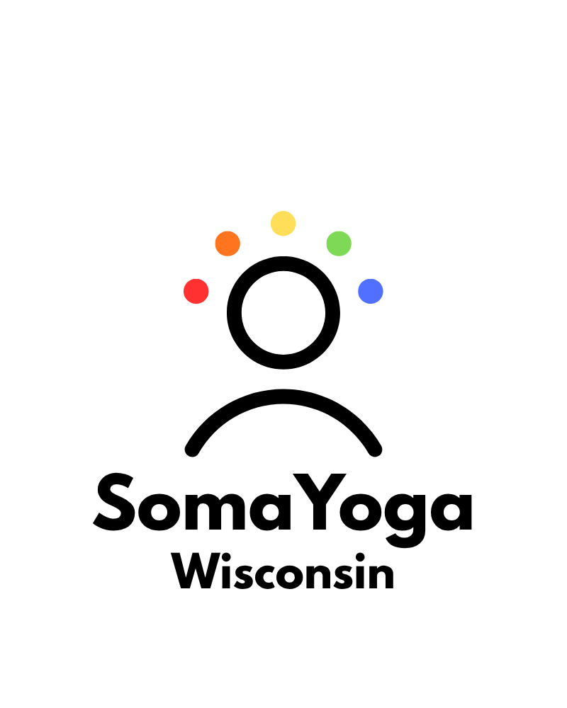 Logo for Soma Yoga Wisconsin featuring a black outline of a person with colored dots above their head and the text 'Soma Yoga Wisconsin' in black.