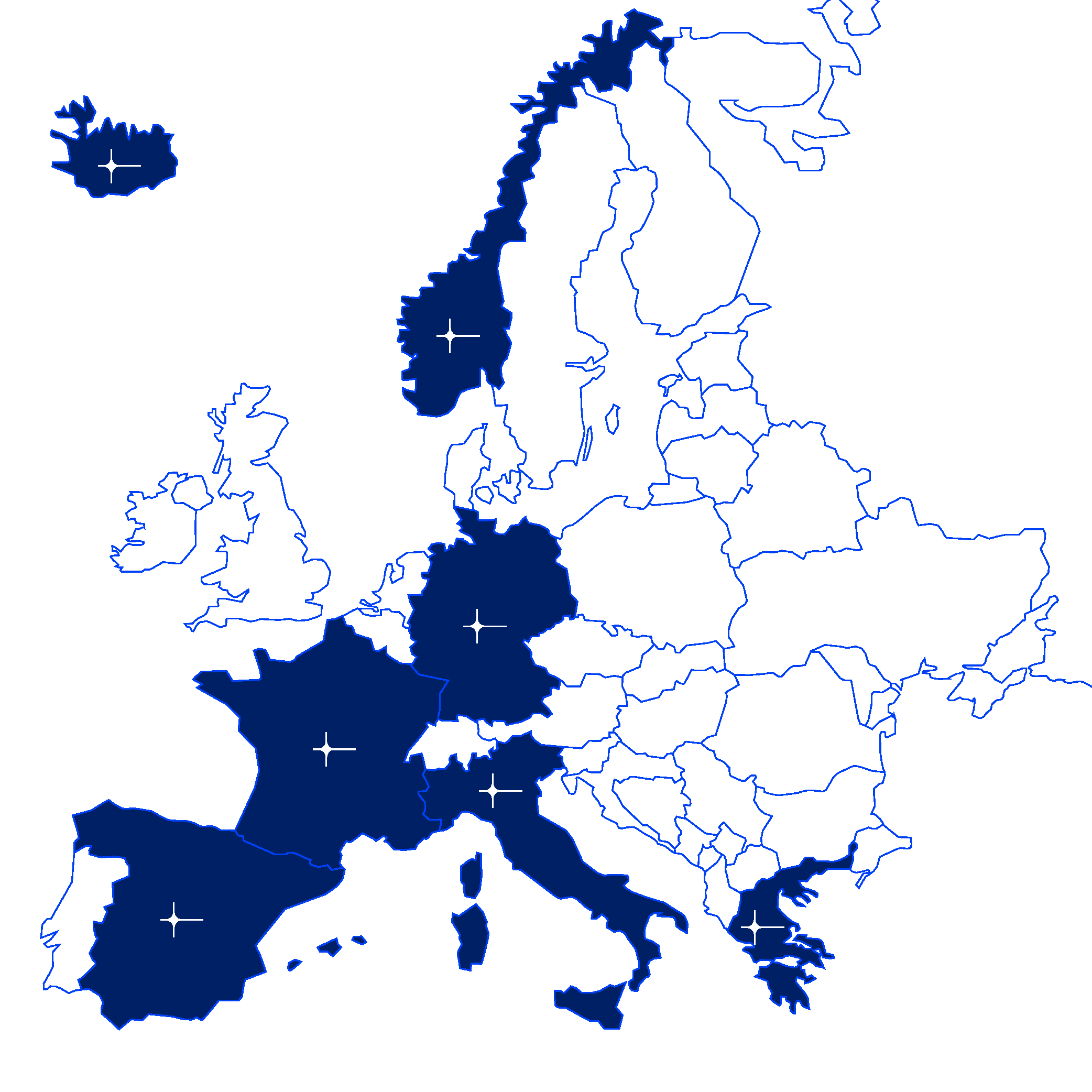Mappa dell'Europa con alcuni paesi evidenziati in blu e altri in bianco, con simboli a croce in alcune aree blu.