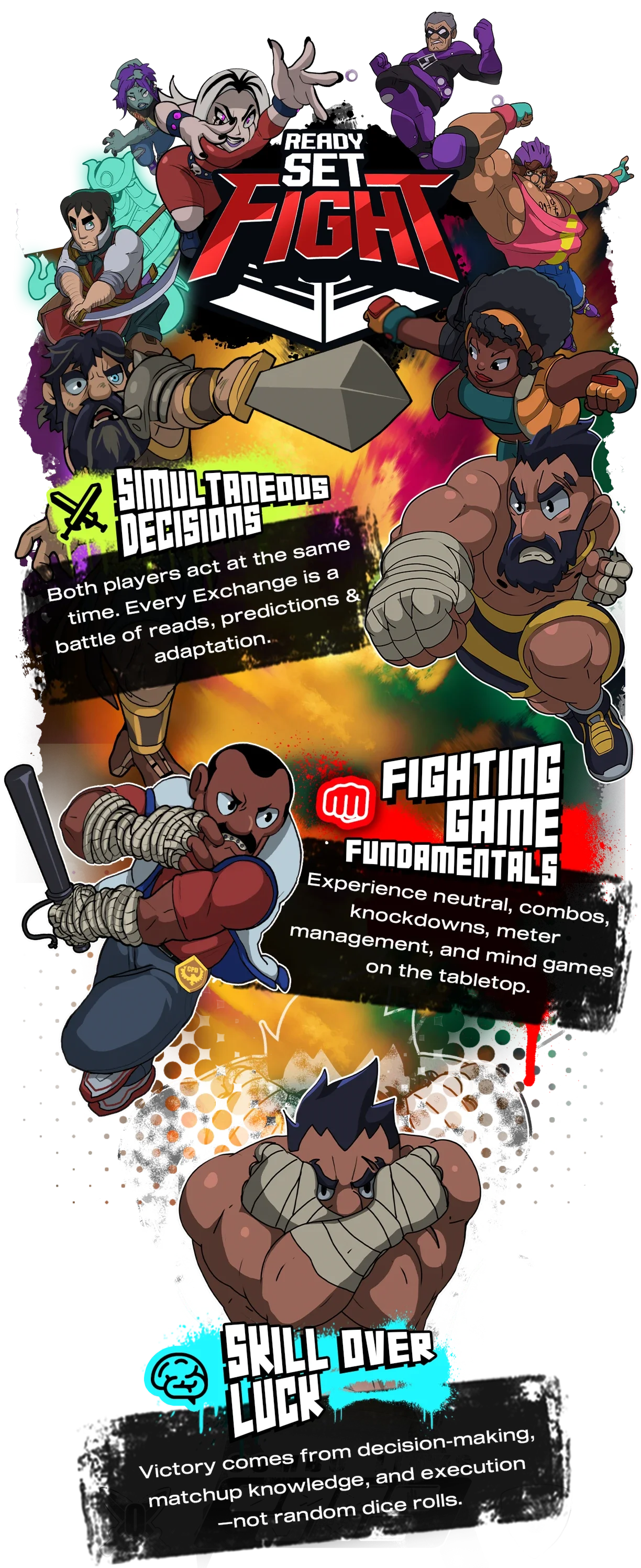 Poster for a fighting game called 'Ready Set Fight' featuring cartoon characters in combat poses. The poster highlights game features like 'Simultaneous Decisions' and 'Fighting Game Fundamentals,' emphasizing decision-making, predicting, and adaptation in gameplay. The phrase 'Skill Over Luck' stresses strategic gameplay over random dice rolls.
