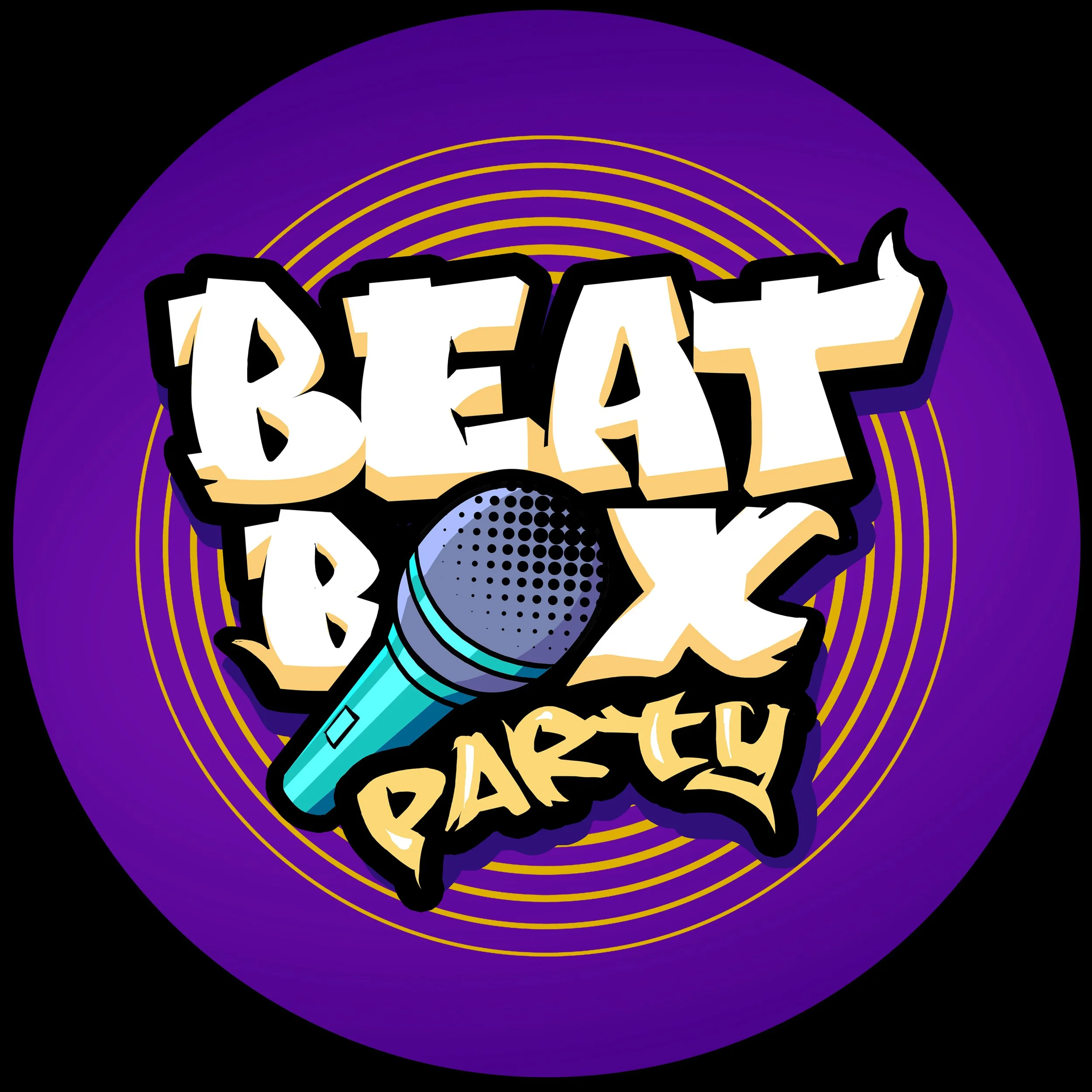 Logo for Beat Box Party featuring bold white and yellow text, a stylized microphone, and purple concentric circles in the background.
