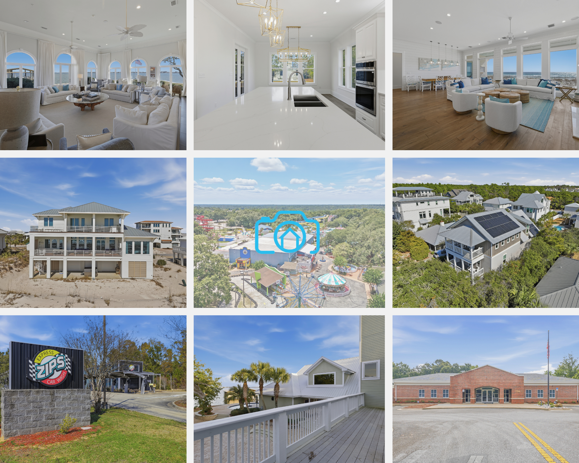 A collage of images showing a house with a pool, other houses, and a car wash.
