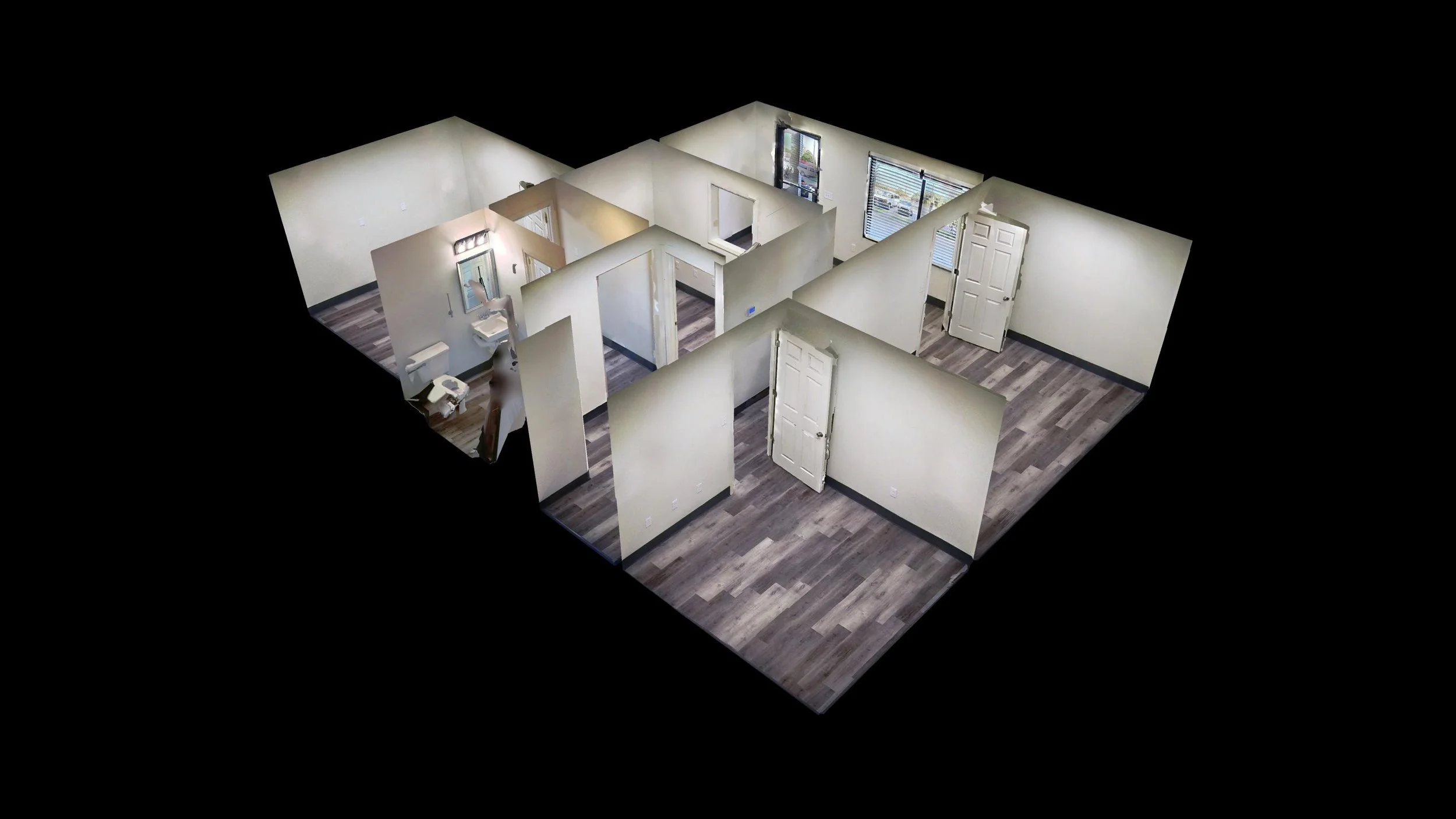 3D floor plan of an apartment with multiple rooms, including a bathroom with a toilet and sink, and a main living area with windows and doors, finished with wood-look flooring and light-colored walls.