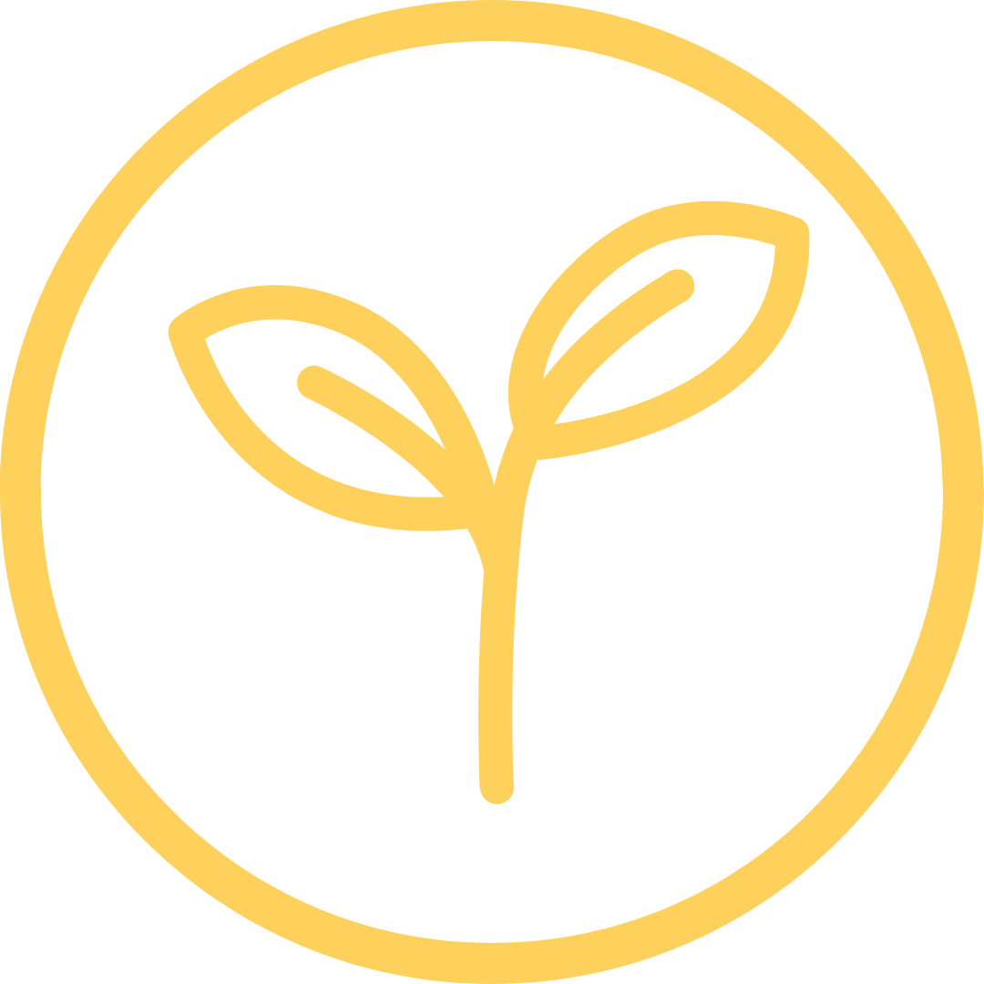 Gold or yellow outline of a plant with two leaves inside a circle.