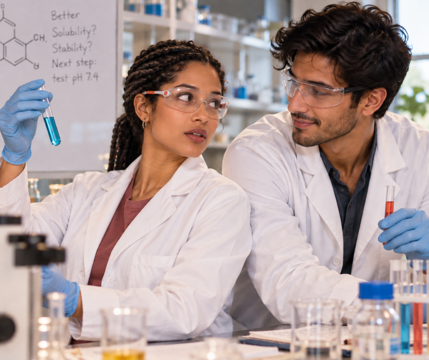 Two scientists in lab coats and safety glasses exchange a glance while holding test tubes