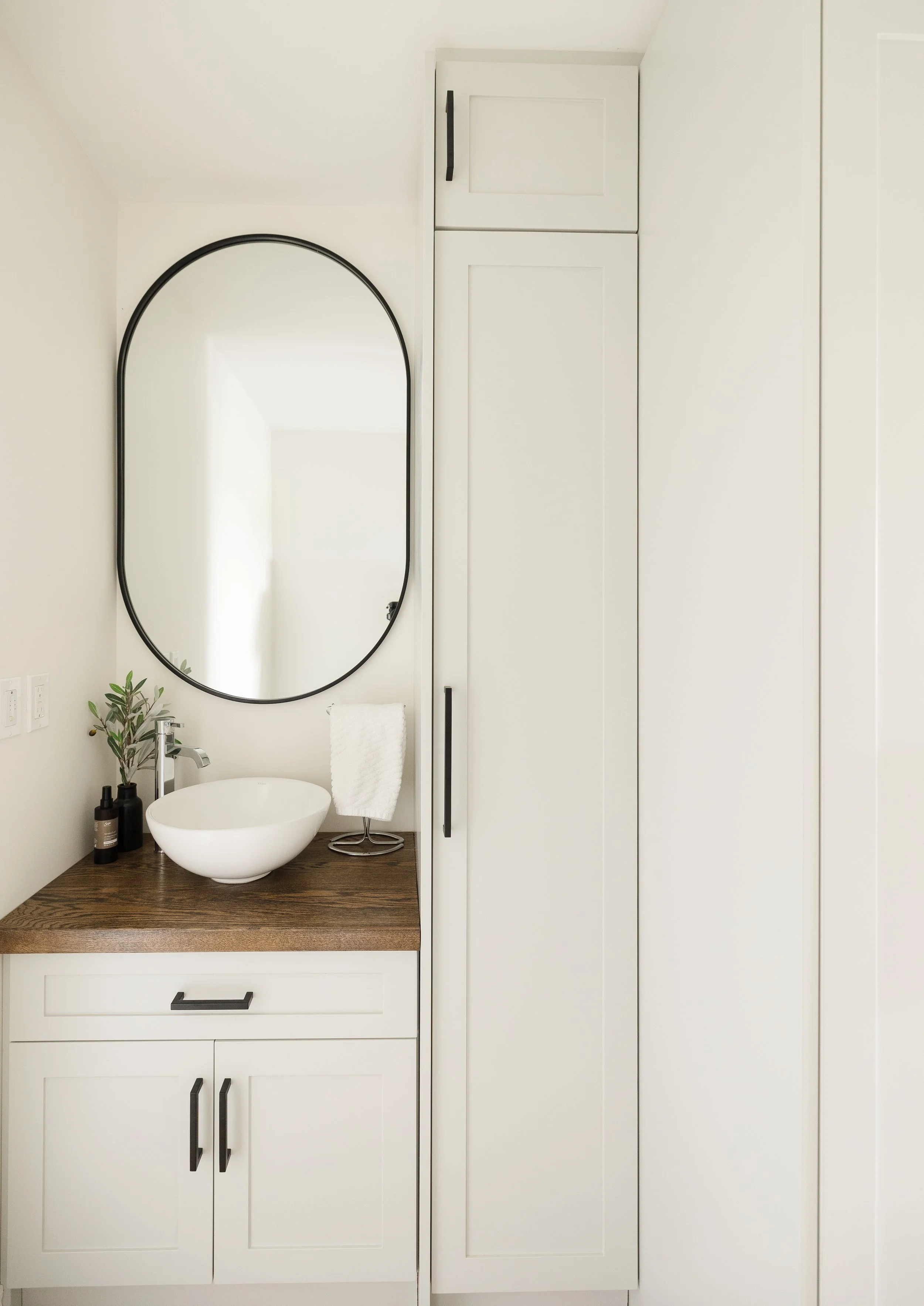 Minimalist bathroom with white cabinet, large mirror, sink bowl, and wooden countertop with toiletries and a small plant.