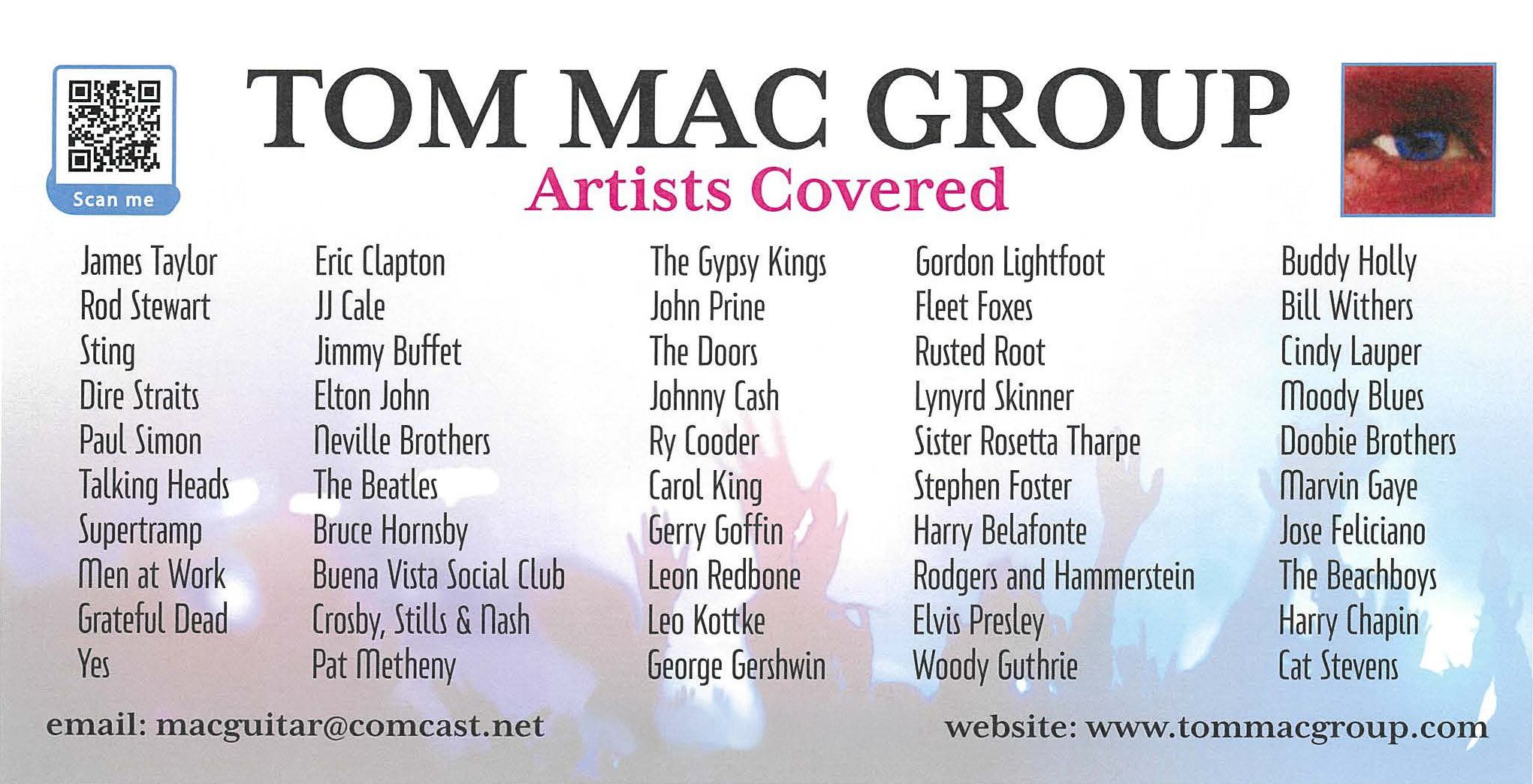 A list of artists covered by Tom Mac Group, with a QR code, an eye image, and official contact information.