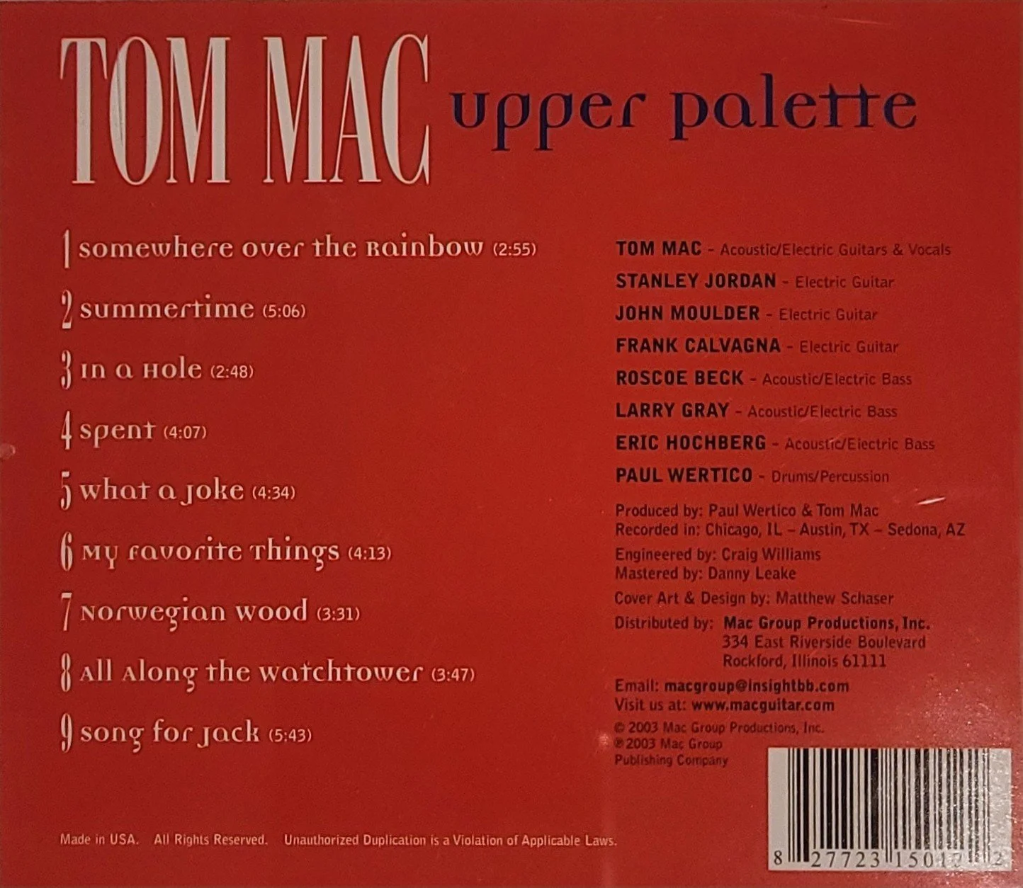 Back cover of Tom Mac's music album, listing songs and credits on a red background.