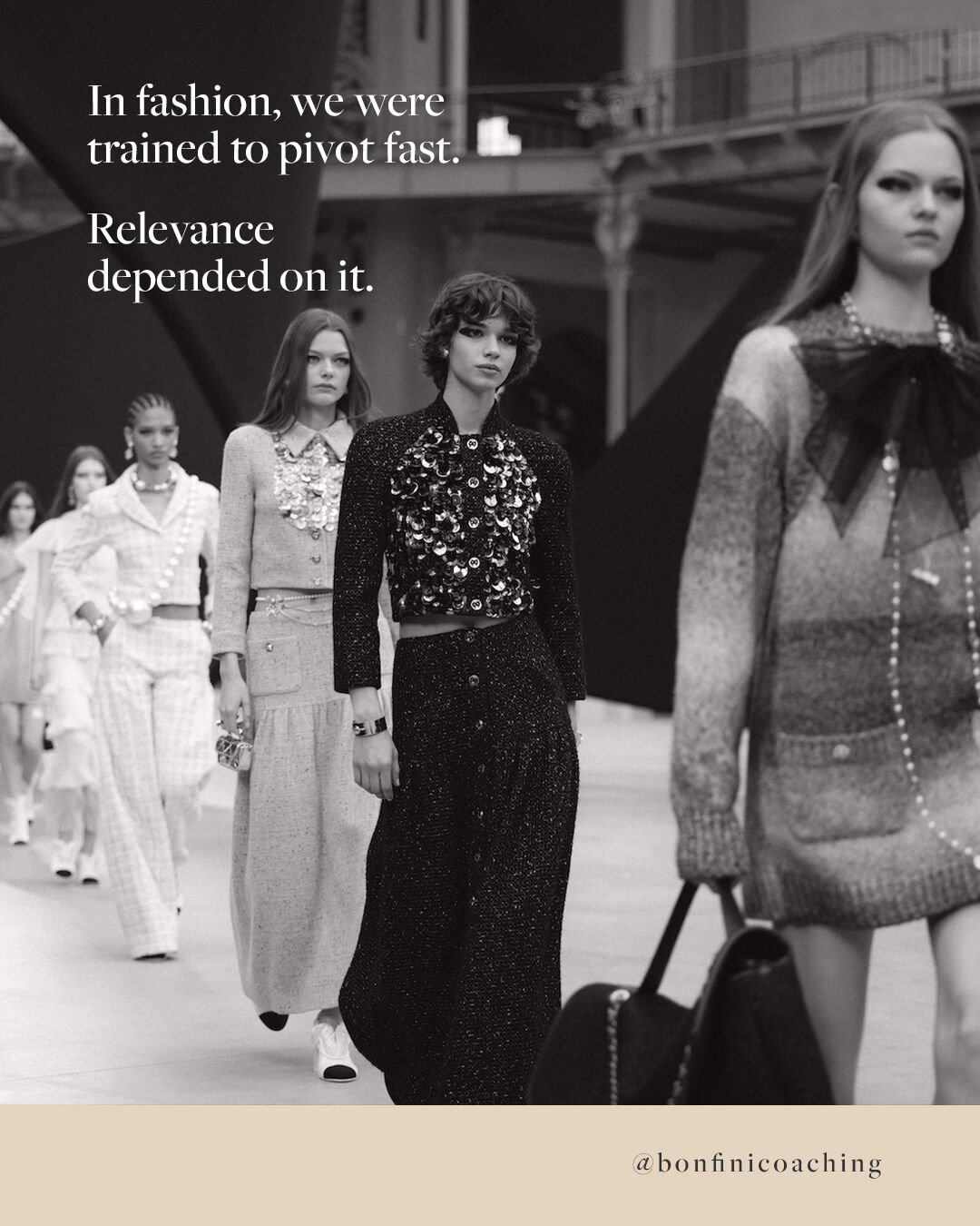 𝗜𝗻 𝗳𝗮𝘀𝗵𝗶𝗼𝗻, 𝘄𝗲 𝘄𝗲𝗿𝗲 𝘁𝗿𝗮𝗶𝗻𝗲𝗱 𝘁𝗼 𝗽𝗶𝘃𝗼𝘁 𝗳𝗮𝘀𝘁. Relevance depended on it. 👠

But personal transitions don&rsquo;t work like runway shows. You can&rsquo;t just swap the look and expect the foundation to hold.

When I left 