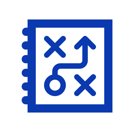 Blue infographic of a strategy or game plan with Xs, a circle, and an arrow on a dark background.