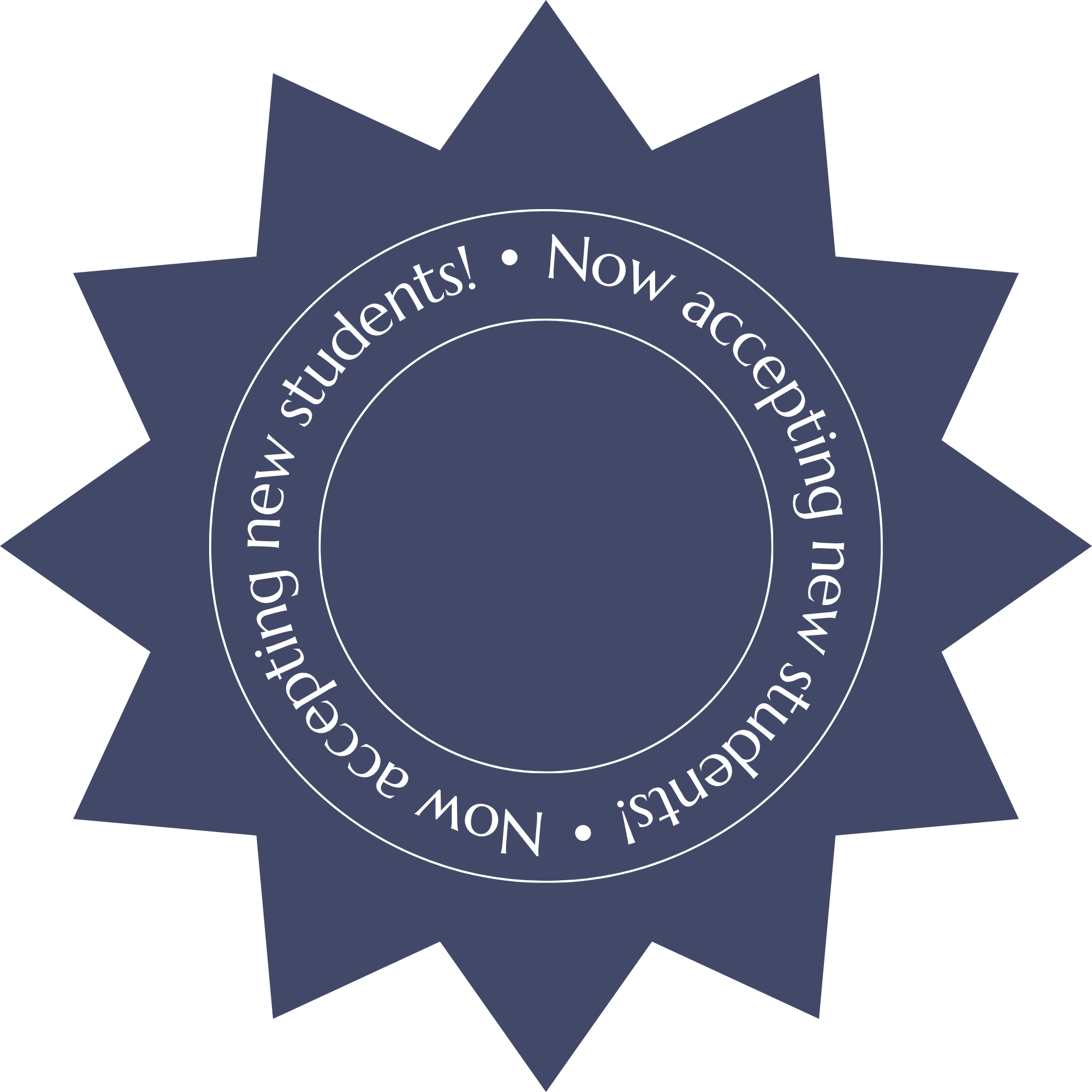 A dark blue badge with 12 pointed star shape, featuring white text in a circle that reads: 'Now accepting new students!'