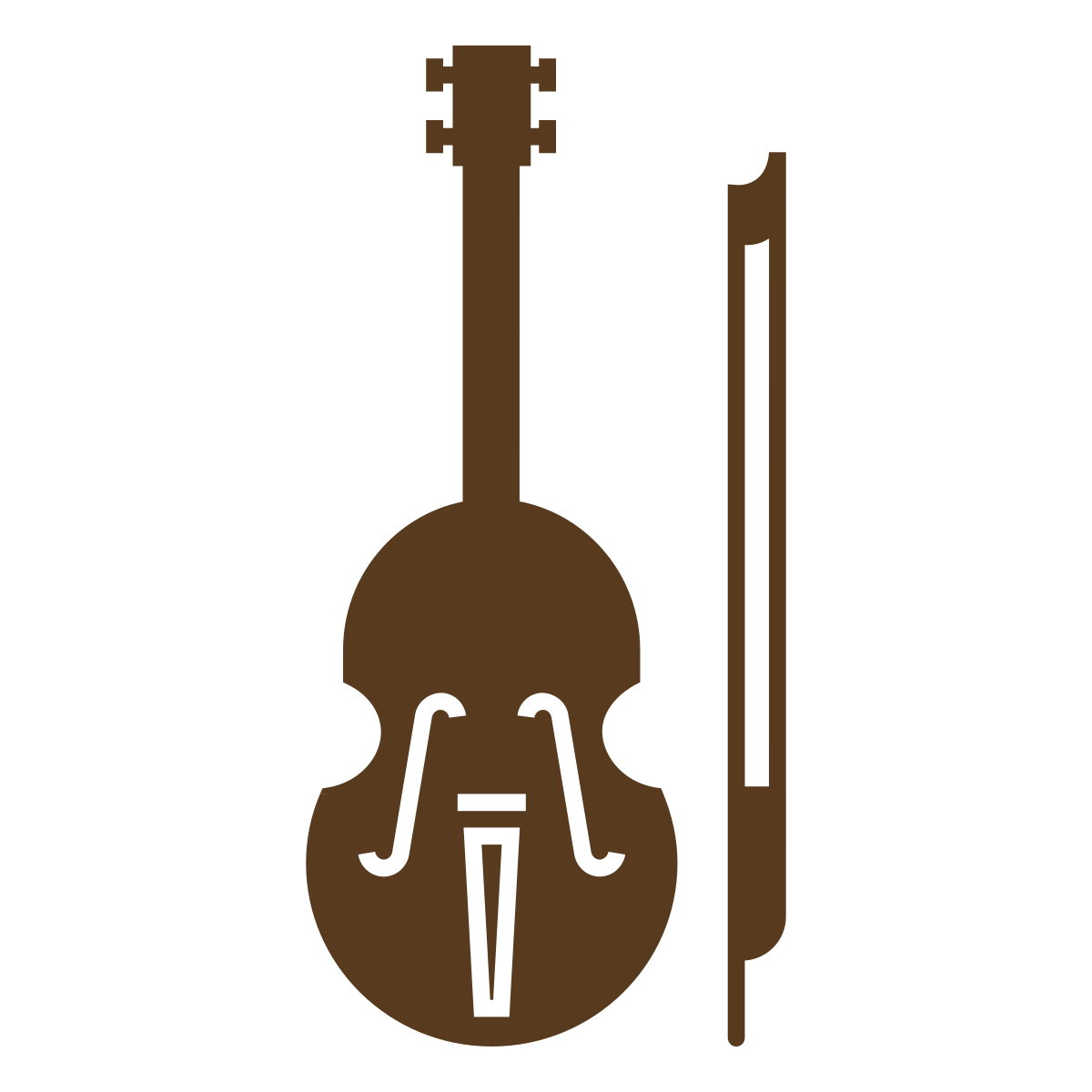 Stylized brown violin with a bow upright behind it.