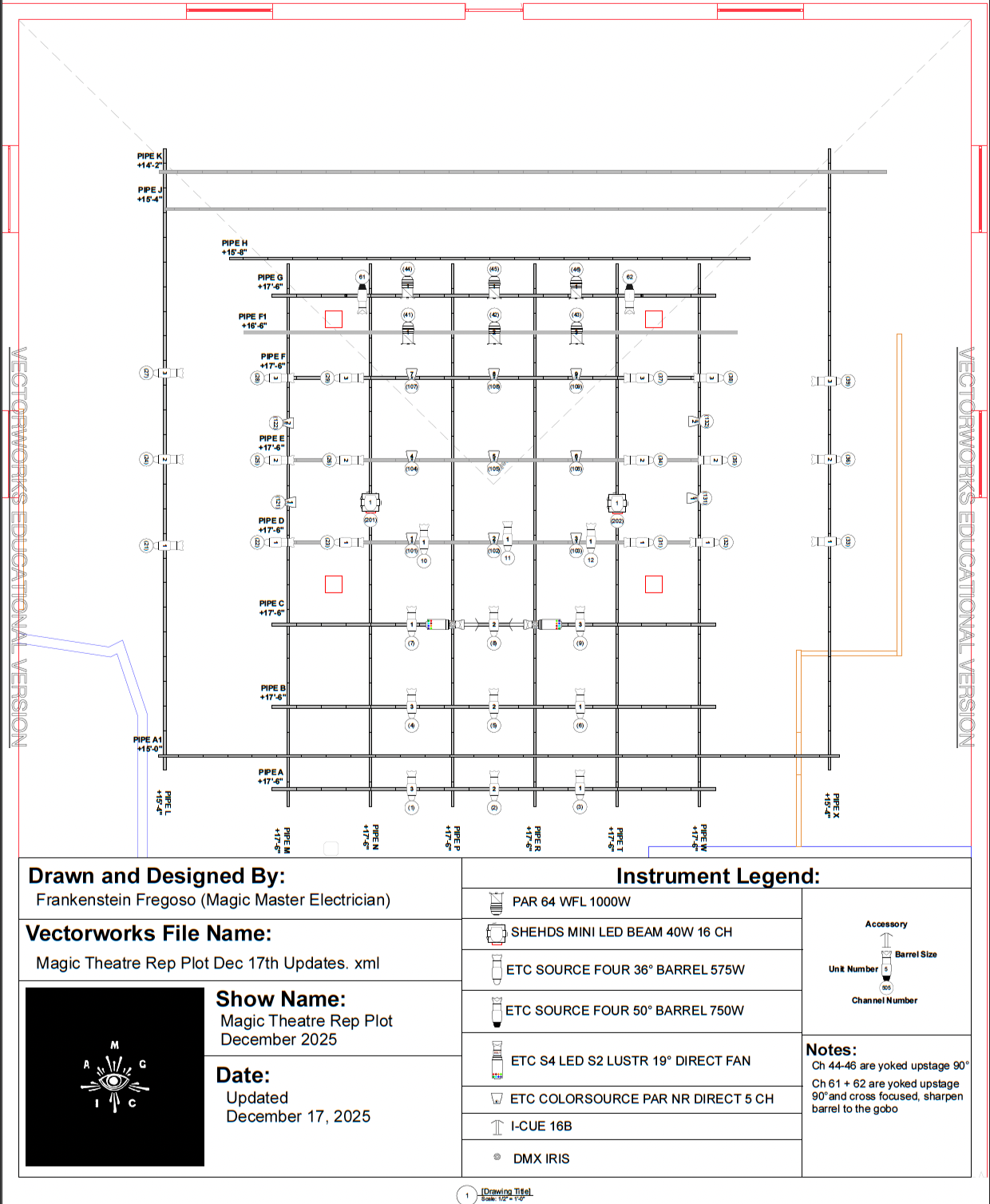 Technical construction blueprint for a theater lighting design, showing detailed electrical wiring, lighting fixtures, and instrument legend with descriptions.