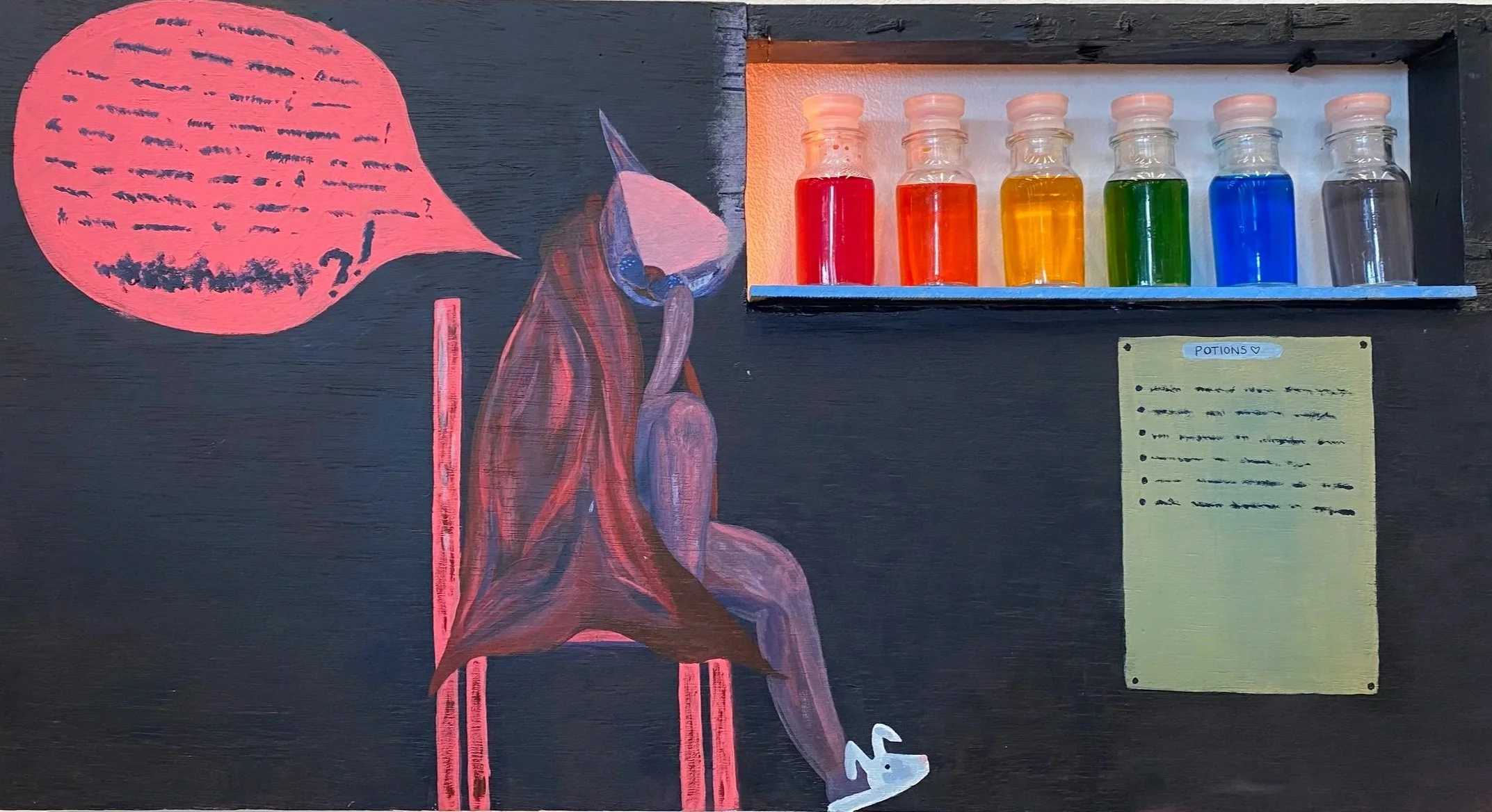 A painted illustration on a wall with a speech bubble, a seated figure with a gas mask, a shelf with six vials containing colorful liquids, and a note with handwritten text. The speech bubble contains handwritten text, the figure is holding a pole, and the note is labeled 'POTIONS'.