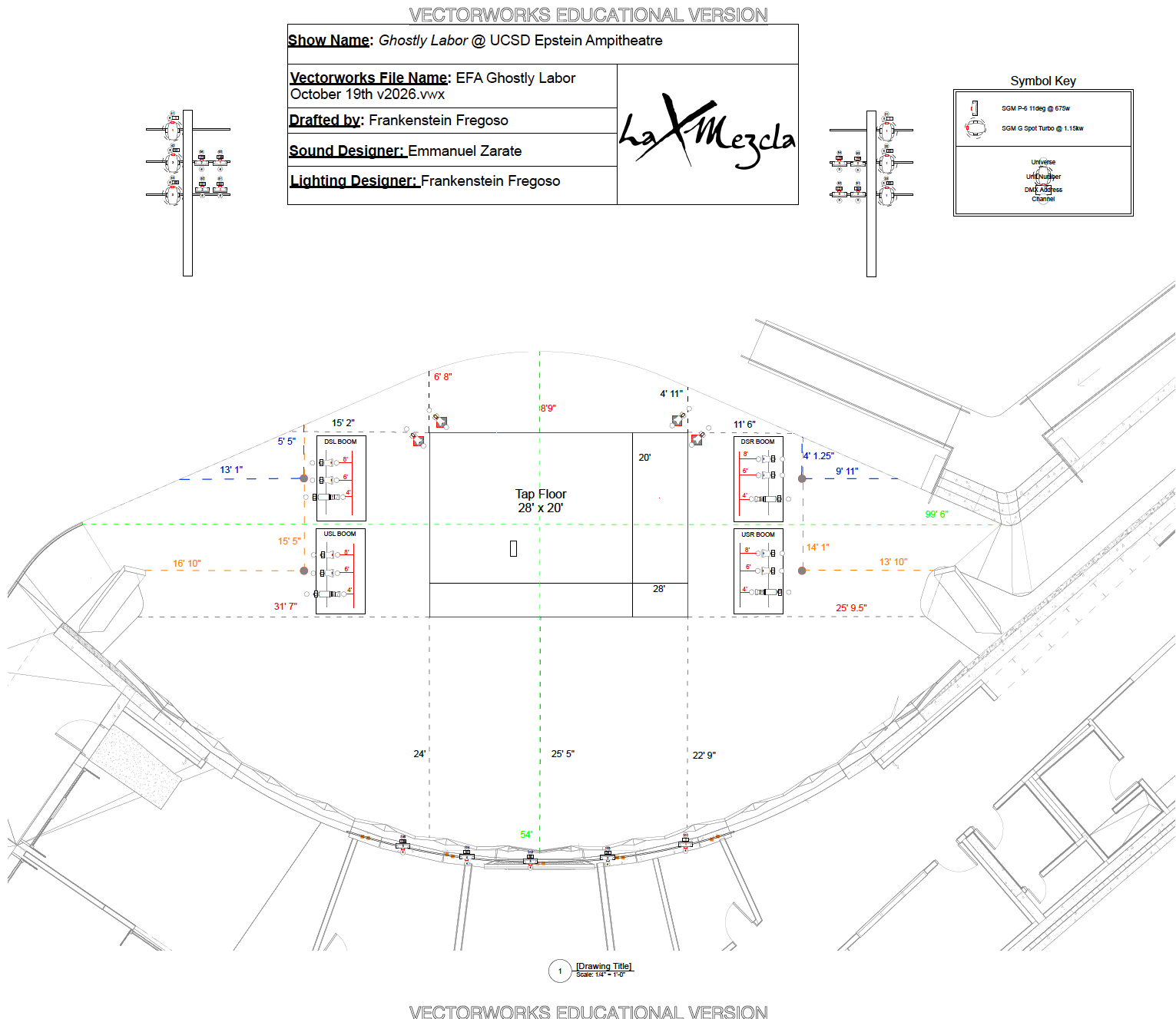 Blueprint of a volleyball court with surrounding seating, labeled as "Ghostly Labor" at UCSD Epstein Amphitheatre, including equipment placements and measurements.