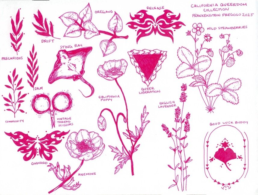 Pink line drawing of various plant and flower sketches with labels, including oregano, wild strawberries, California querdom collection, and California poppy, as well as illustrations of a butterfly, scissors, and symbols with phrases like "good luck