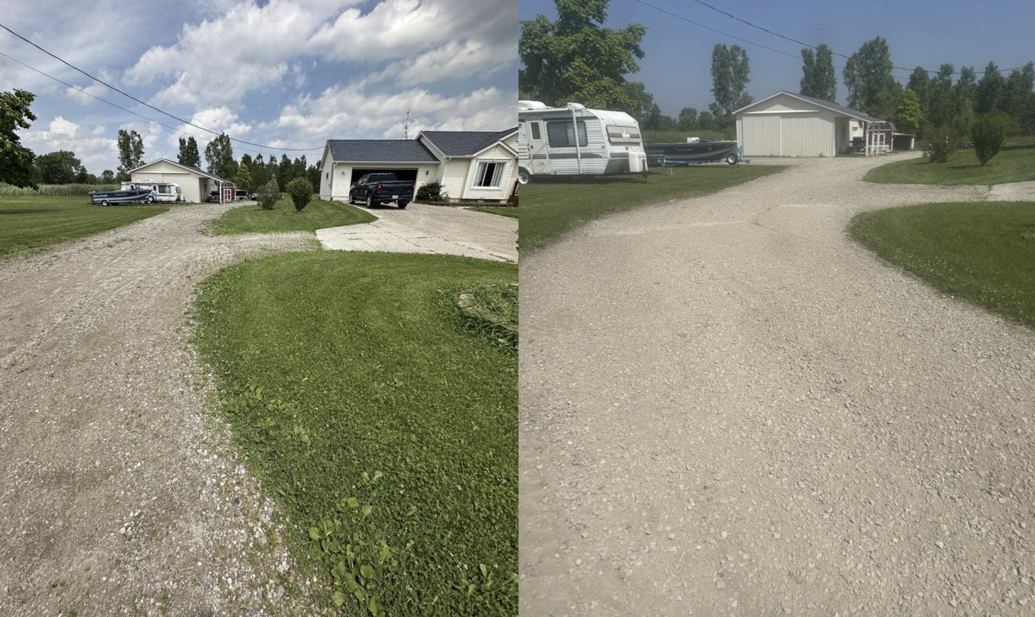 Before and after gravel driveway installation completed in Lapeer, Michigan.