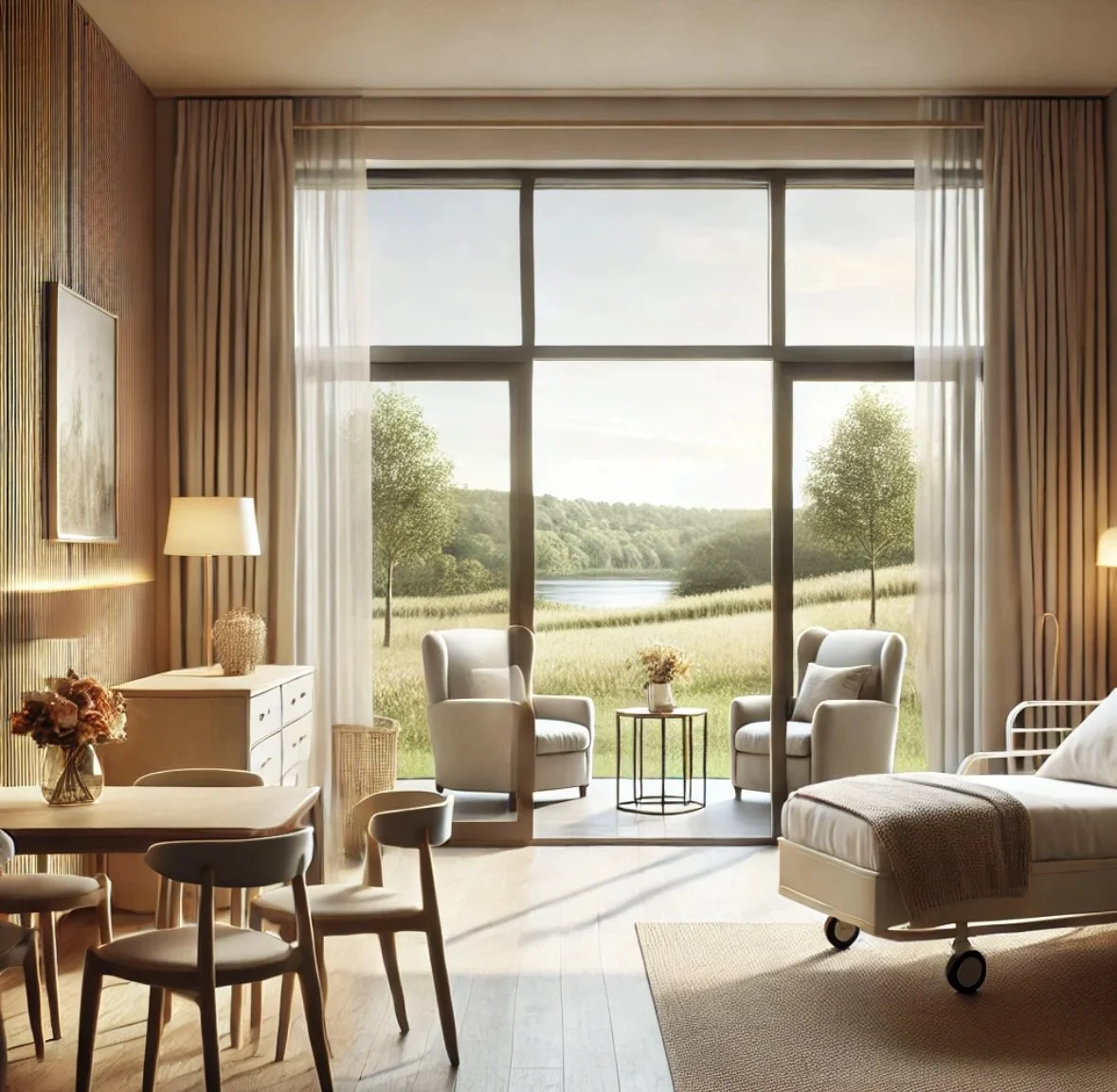 A bright hotel room with large window showing a scenic landscape of trees, grass, and a river, furnished with white chairs, a bed, side tables, lamps, and decor.