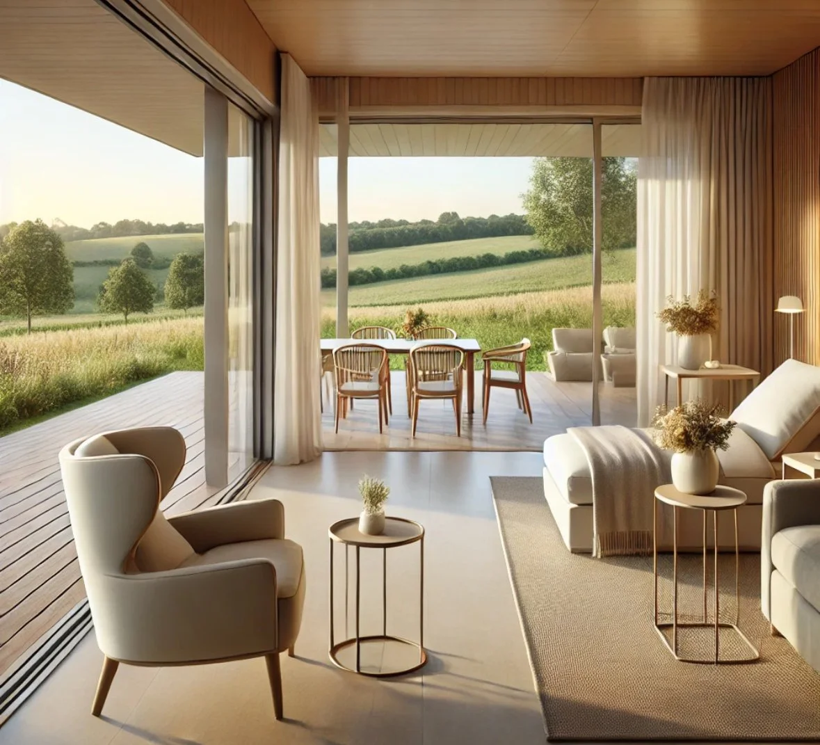 Living room with large glass sliding doors opening to a wooden deck and green fields outside. Interior features a beige armchair, a white sofa with a blanket, side tables with vases of dried flowers, and a small rug. Outdoor dining set on the deck under the clear sky.