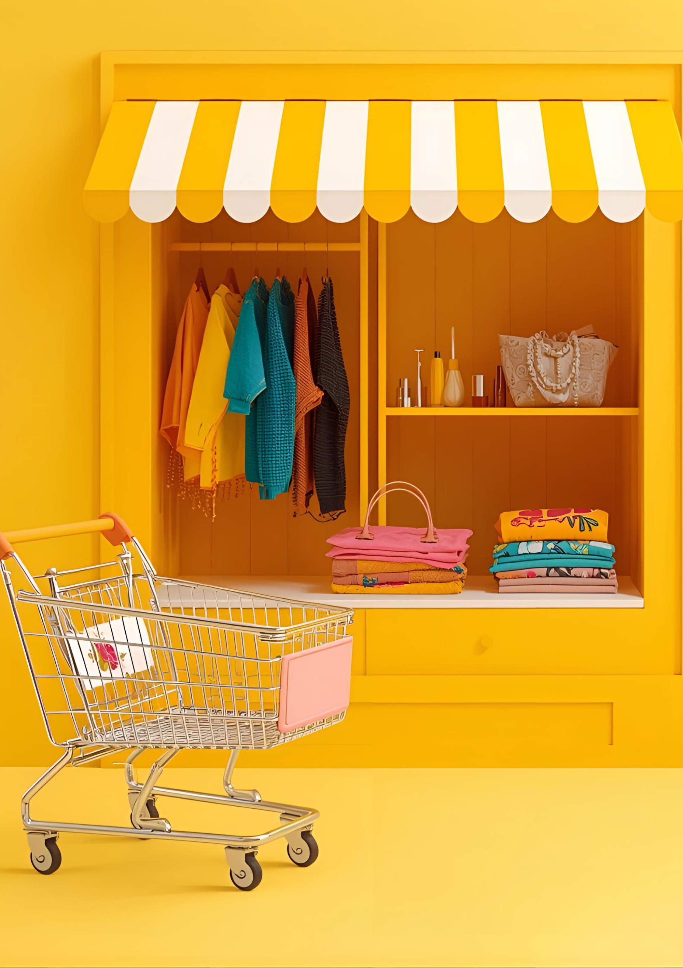 Un coin avec un étalage jaune, un panier de shopping et des vêtements colorés, dans un décor principalement jaune.