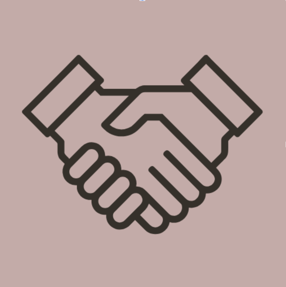Line drawing of two hands shaking, symbolizing agreement or partnership, on a pink background.