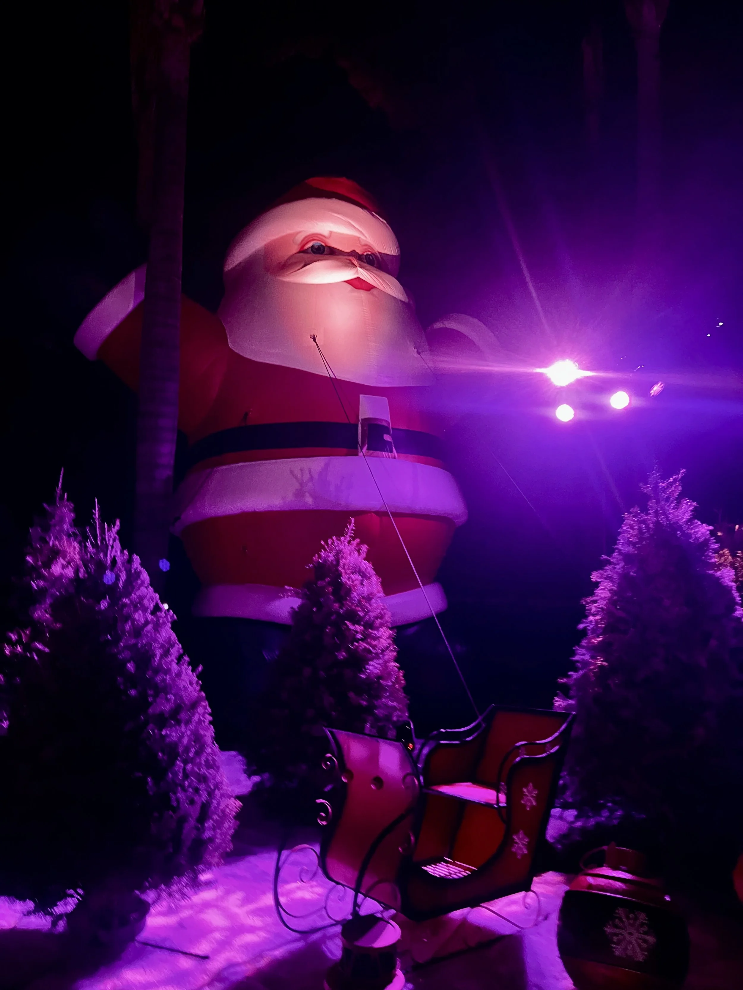 Inflatable Santa Claus figure in a winter scene decorated with snow-covered trees and illuminated by purple and pink lights.