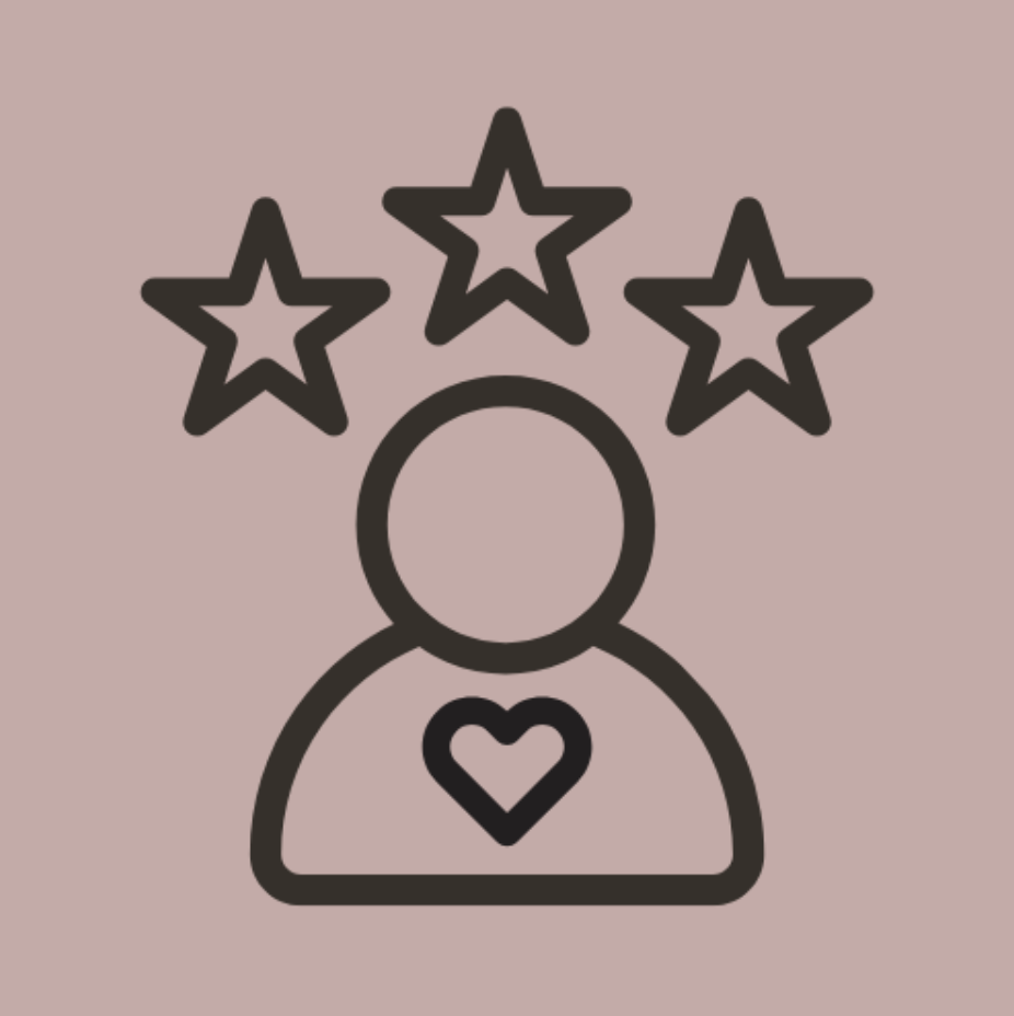 Outline of a person with a heart on their chest and three stars above their head