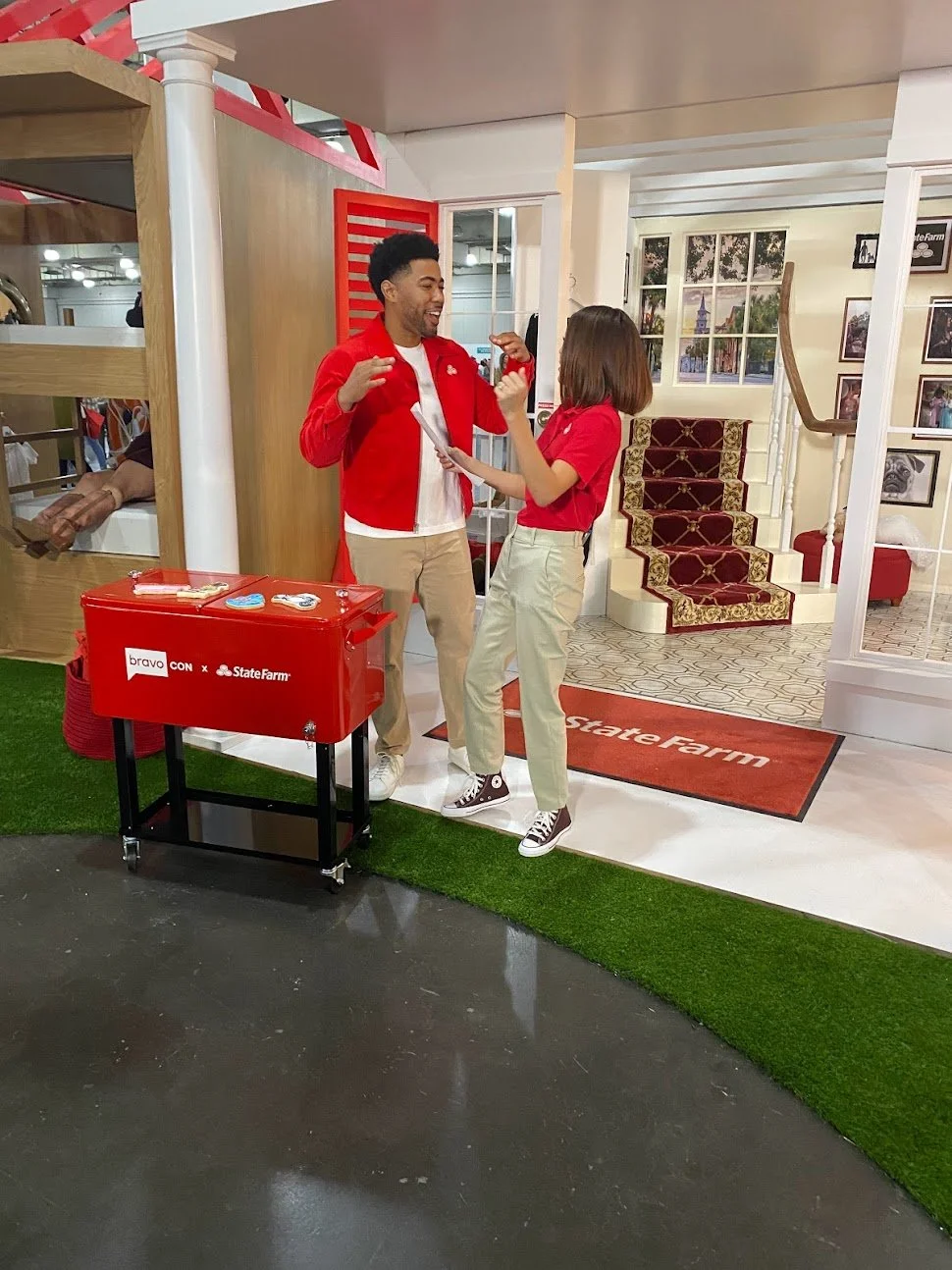 Erin Lim Rhodes from the Rundown and Jake From State Farm filming their custom open