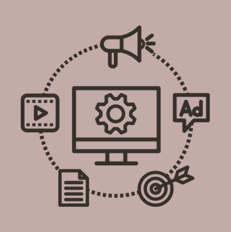 Icon of digital marketing and advertising strategies, including video content, megaphone, ad speech bubble, target with arrow, document, and a computer monitor with a gear.