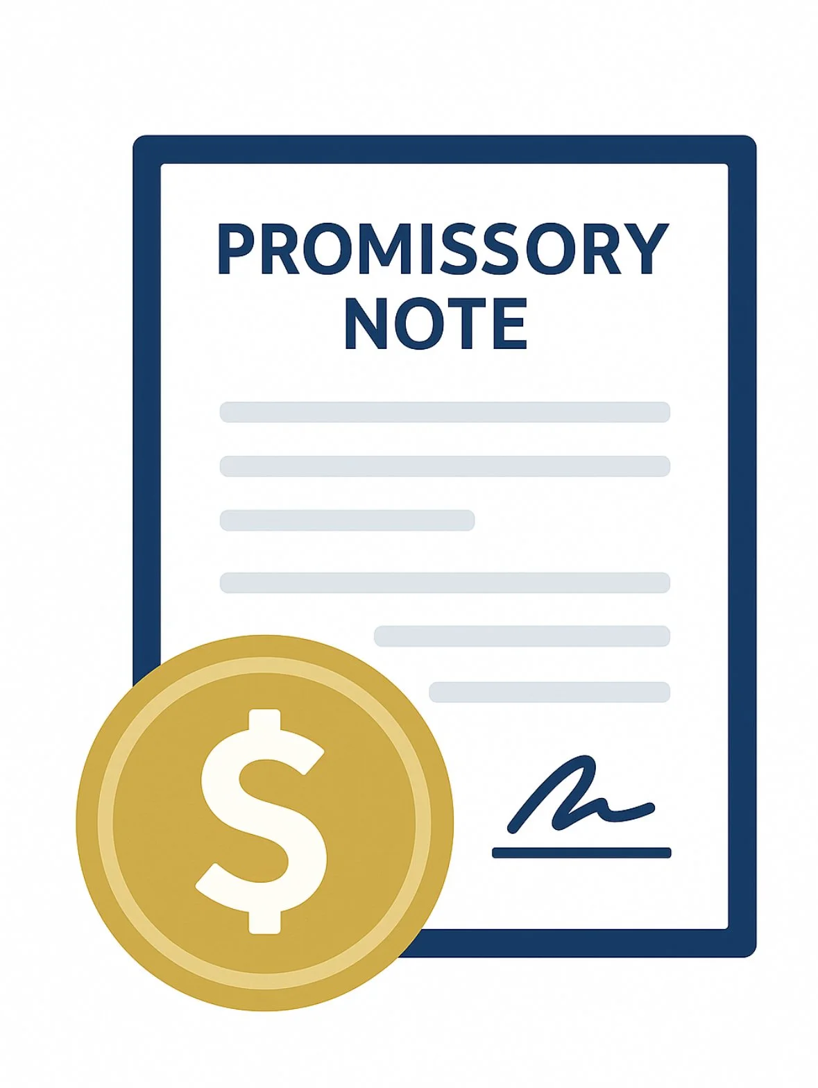 Illustration of a promissory note document with a dollar sign coin in front of it.