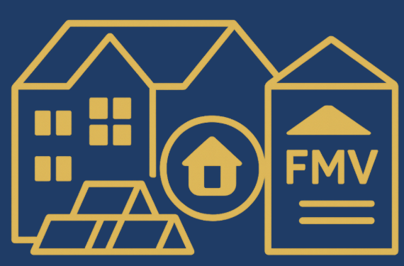 Line drawing of a house, solar panels, a home insurance policy with 'FMV' on it, all depicted with yellow lines on a navy background.