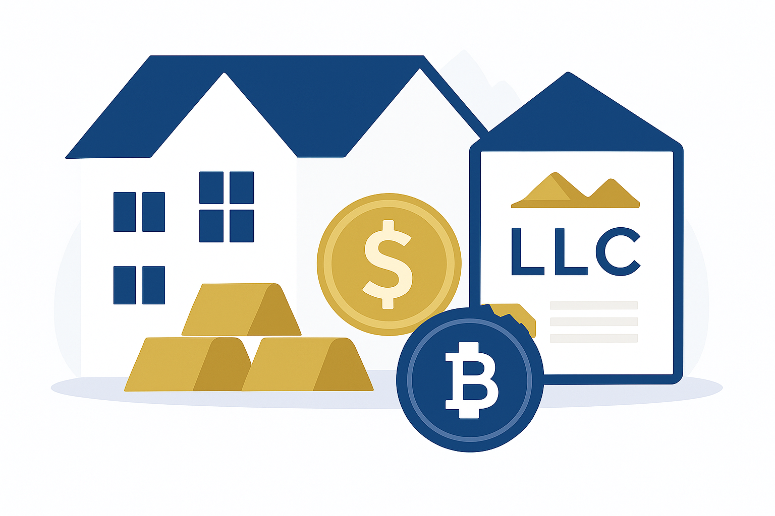 Illustration of a house, gold bars, a gold coin with a dollar sign, a Bitcoin coin, and a real estate LLC document.