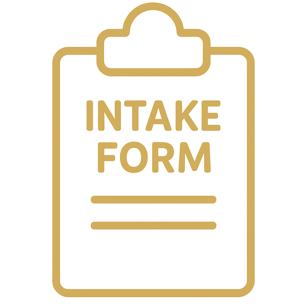Gold outline of a clipboard with the words 'Intake Form' in the center and two blank lines beneath.