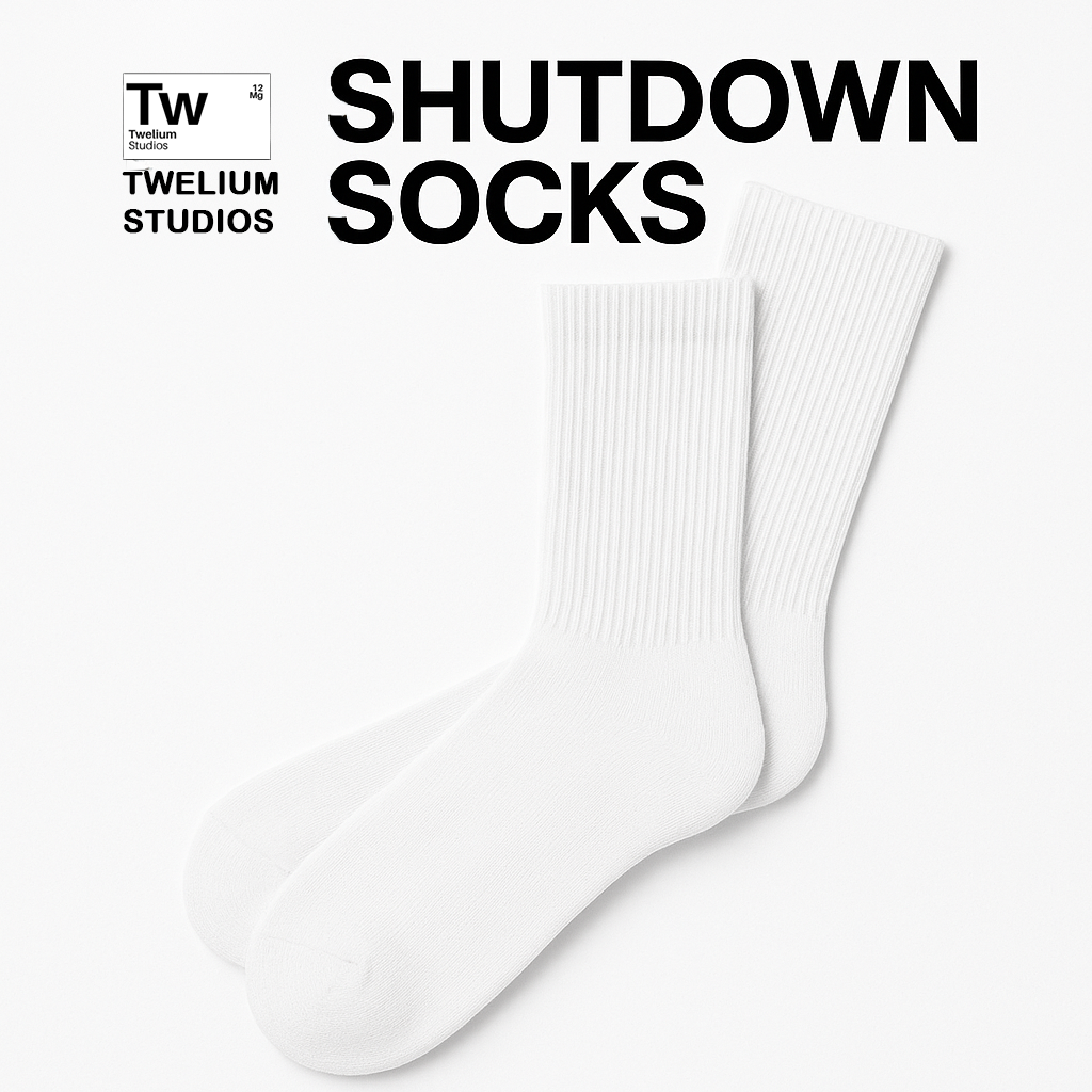 White ribbed socks against a white background with bold black text that reads "SHUTDOWN SOCKS" and the logo for Twelium Studios in the upper left corner.