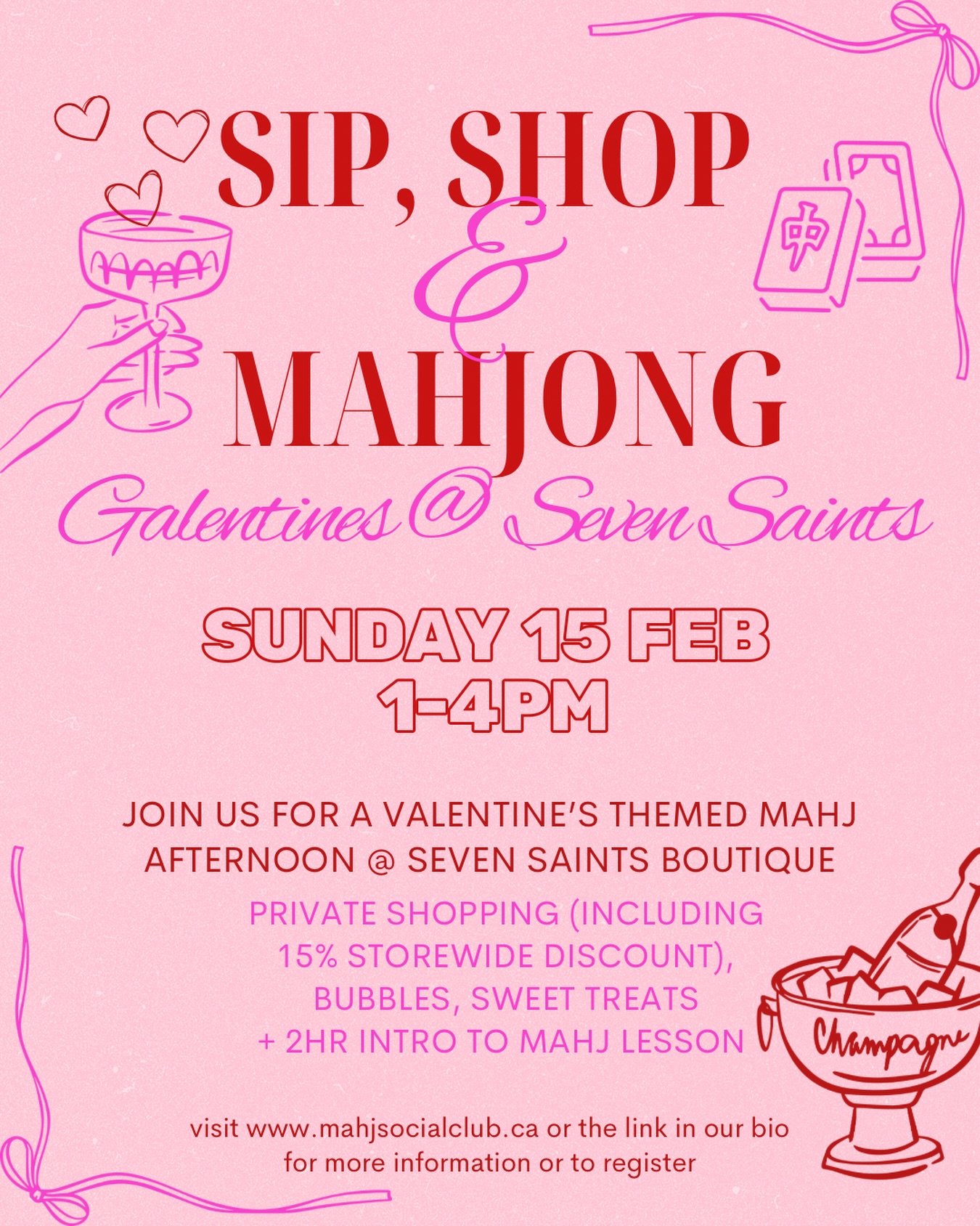 💖Galentine&rsquo;s girls day out? Say less. 💖

We are SO excited to be teaming up with @sevensaintsboutique for an exclusive Mahj + Shopping celebration for you and your besties this Valentines weekend! 👯&zwj;♀️🥰

Your afternoon includes:
✨ priva