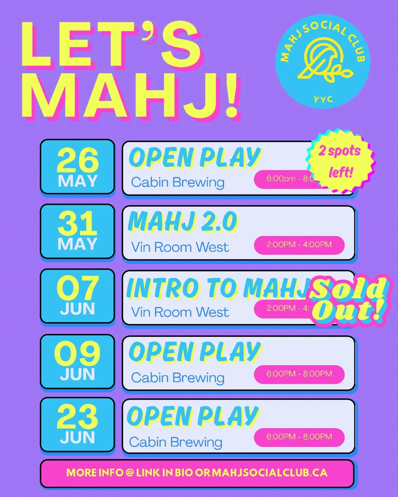 The next few weeks are looking very MAHJ🀄️✨

From Open Play to Intro to Mahj - and the launch of Mahj 2.0 👏🏻 - we&rsquo;ve got something for every level of Mahj&rsquo;er coming up! 

Whether you&rsquo;re learning the ropes, sharpening your strateg