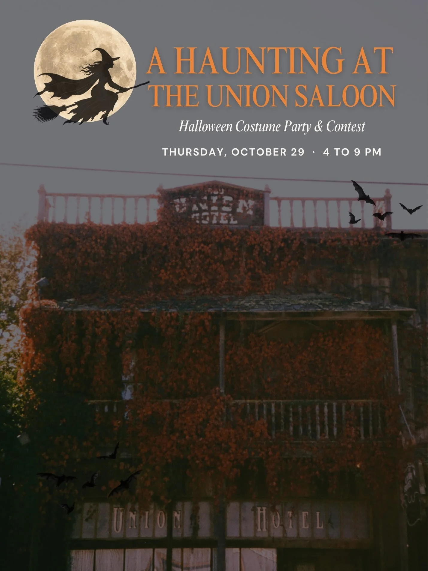 Join us this Thursday at The Union Saloon for a ✨haunted✨Halloween party and costume contest 🎃🖤

RSVP here: https://1880unionhotel.as.me/halloween2026

The party will go from 4-9pm and the contest winners will be announced at 8pm. Winners receive a