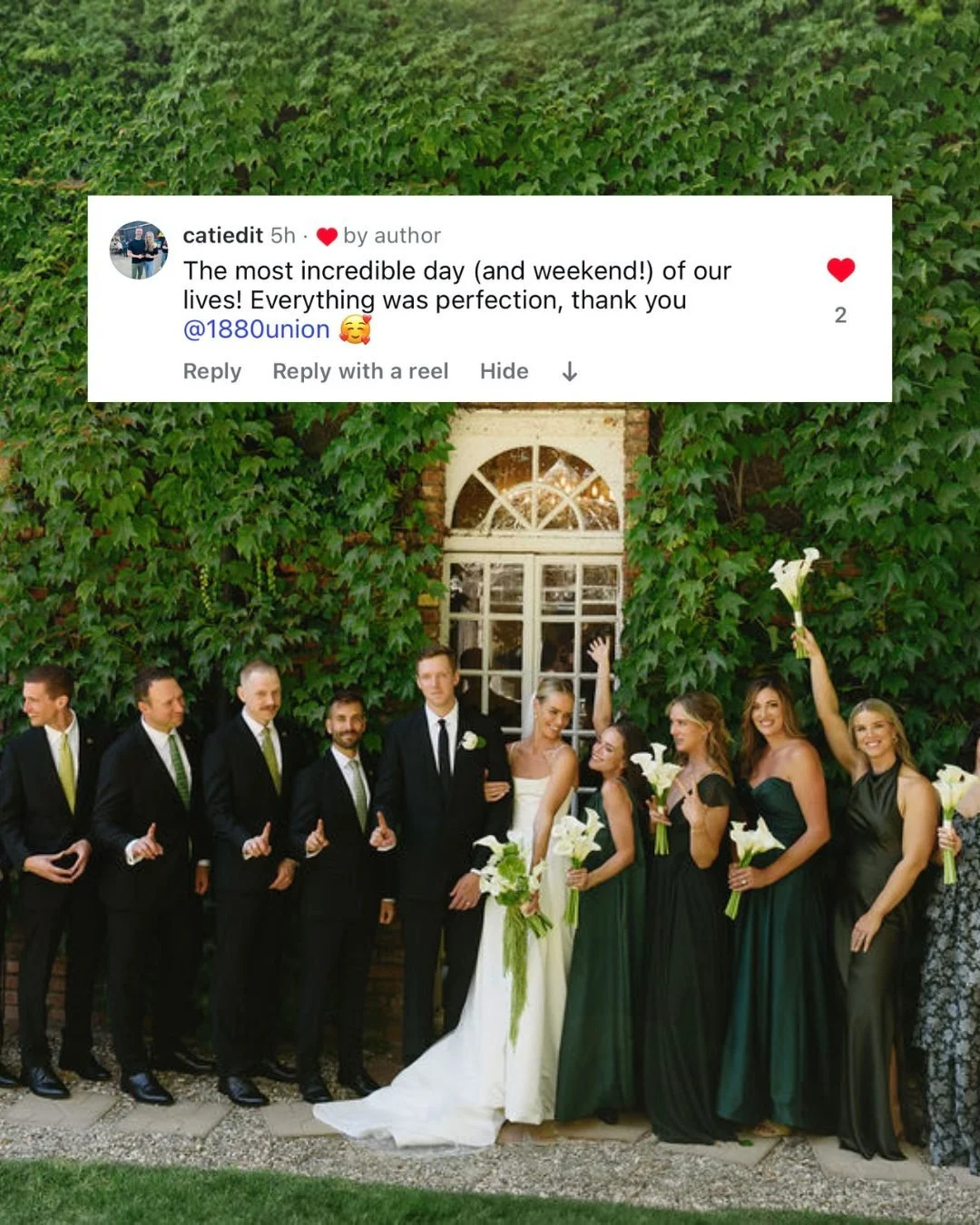 Review of 1880 Union Hotel from bride Cate saying "The most incredible day (and weekend!) of our lives! Everything was perfection thank you @1880union"