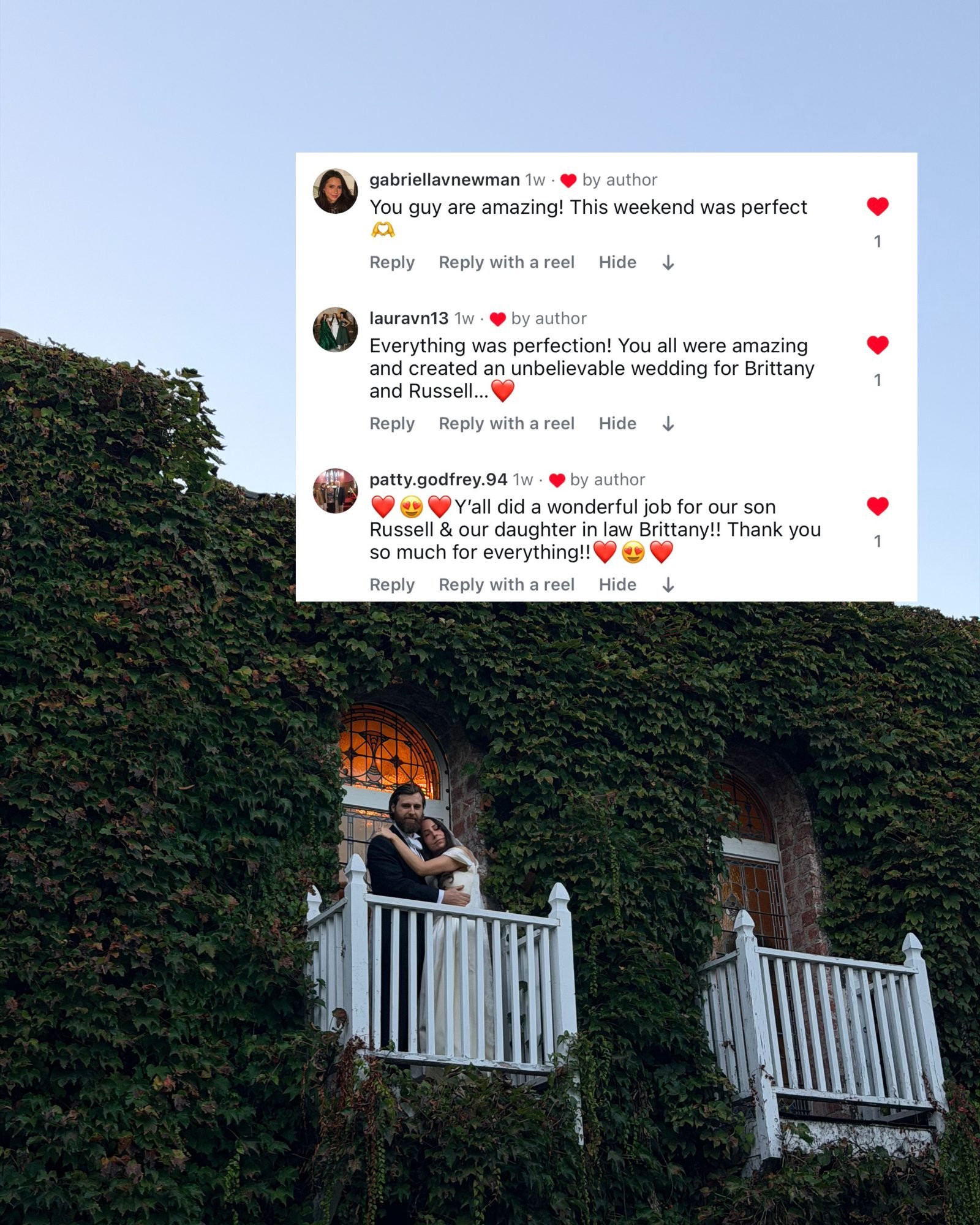 Reviews for 1880 Union Hotel on Instagram from family of the bride saying "[the 1880 union hotel] is amazing! This weekend was perfect [heart hands]"