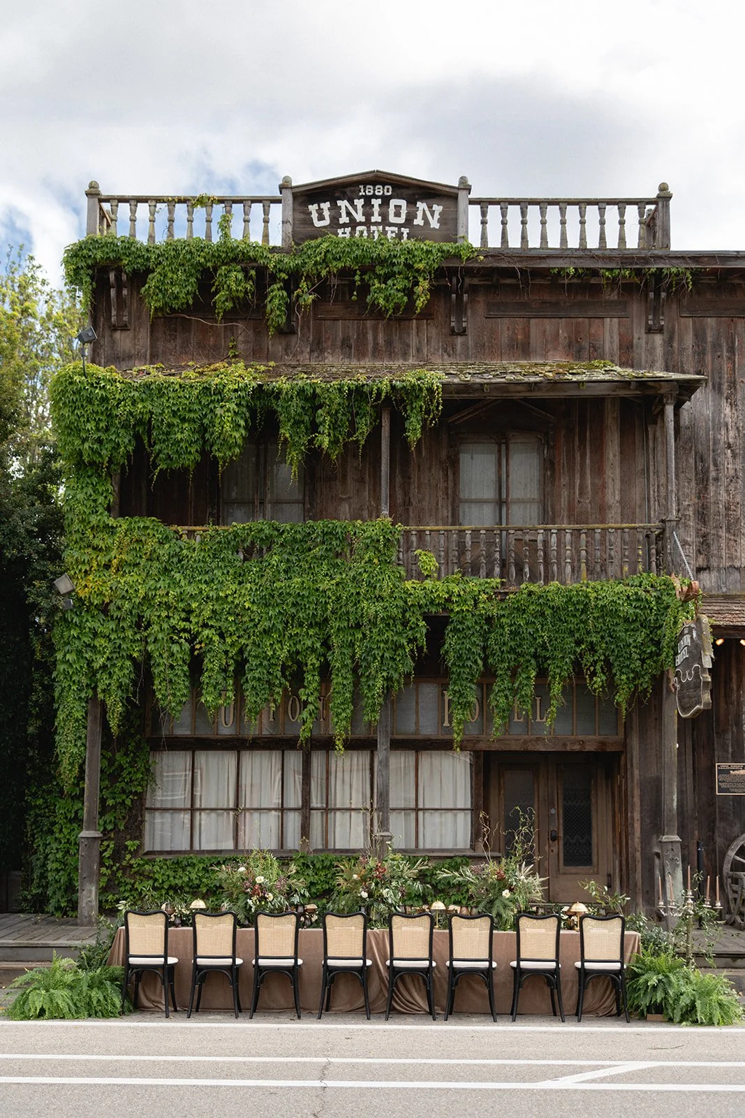 The front entrance to 1880 Union Hotel set for a 20-person dinner party on Bell Street in Los Alamos California (photographer credit: Isle of Film )
