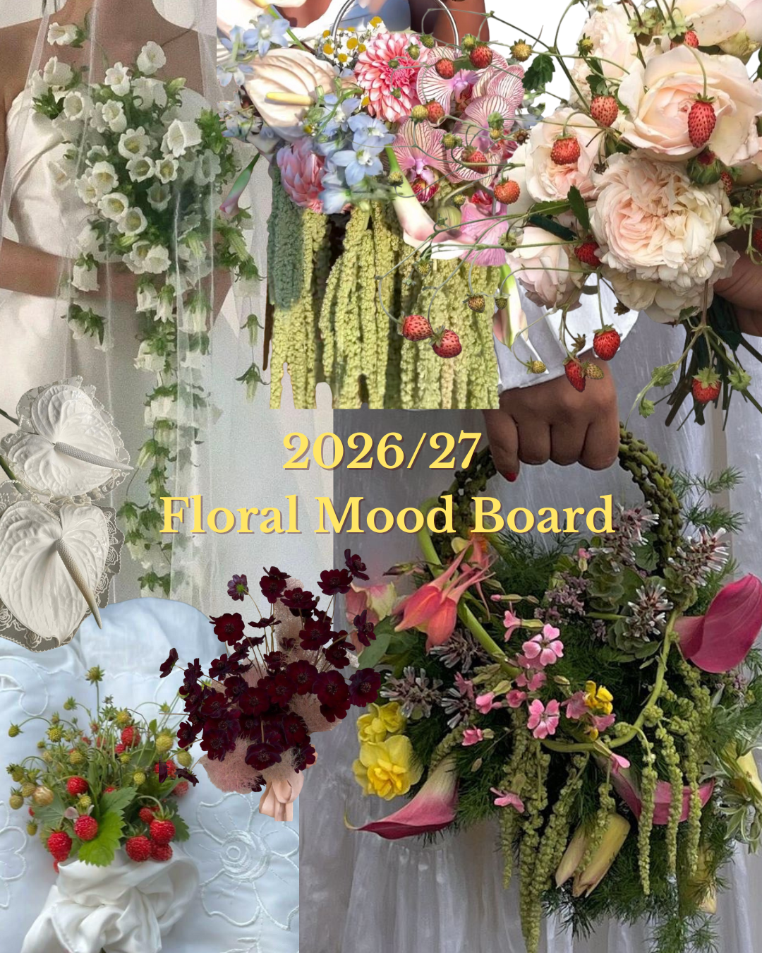 2026 & 2027 bridal bouquet trend mood board with stawberry bouquets, floral bags, lace flowers,