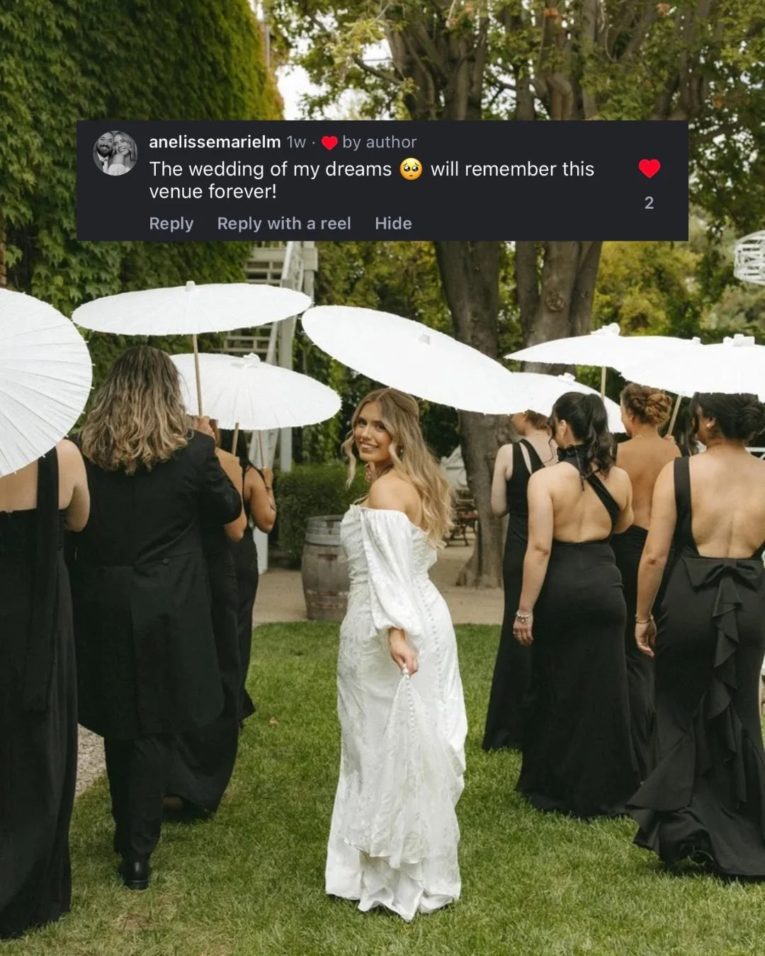 Review of 1880 Union Hotel from real bride Anelisse saying "The wedding of my dreams (Heart eye emoji) Will remember this [wedding]  venue forever!"