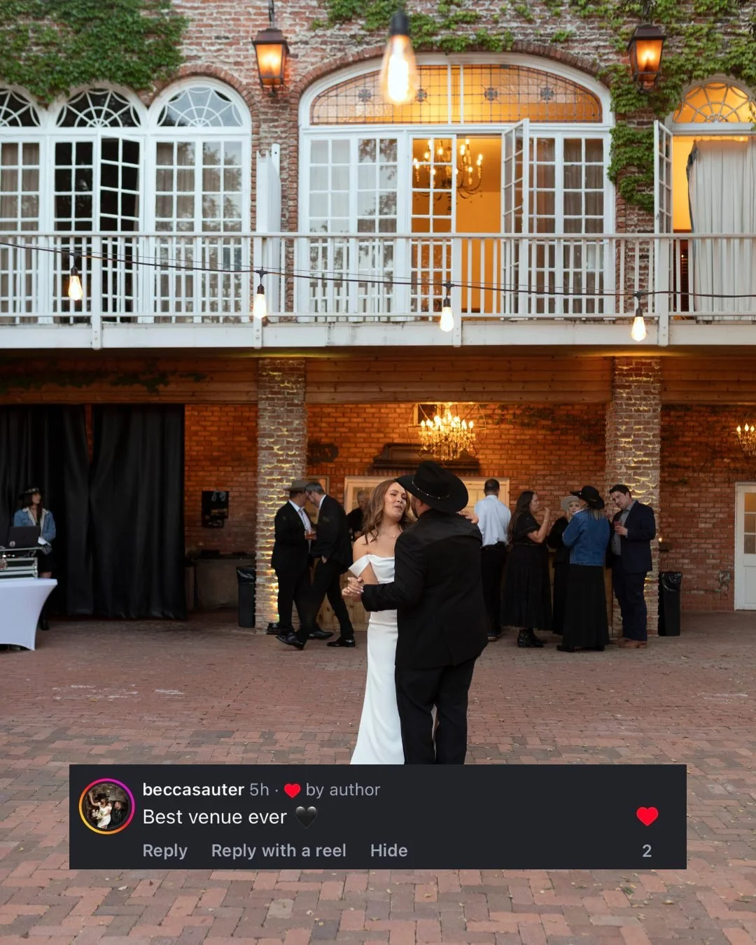 Instagram review for 1880 Union Hotel from bride Rebecca Sauter saying" Best Venue Ever"