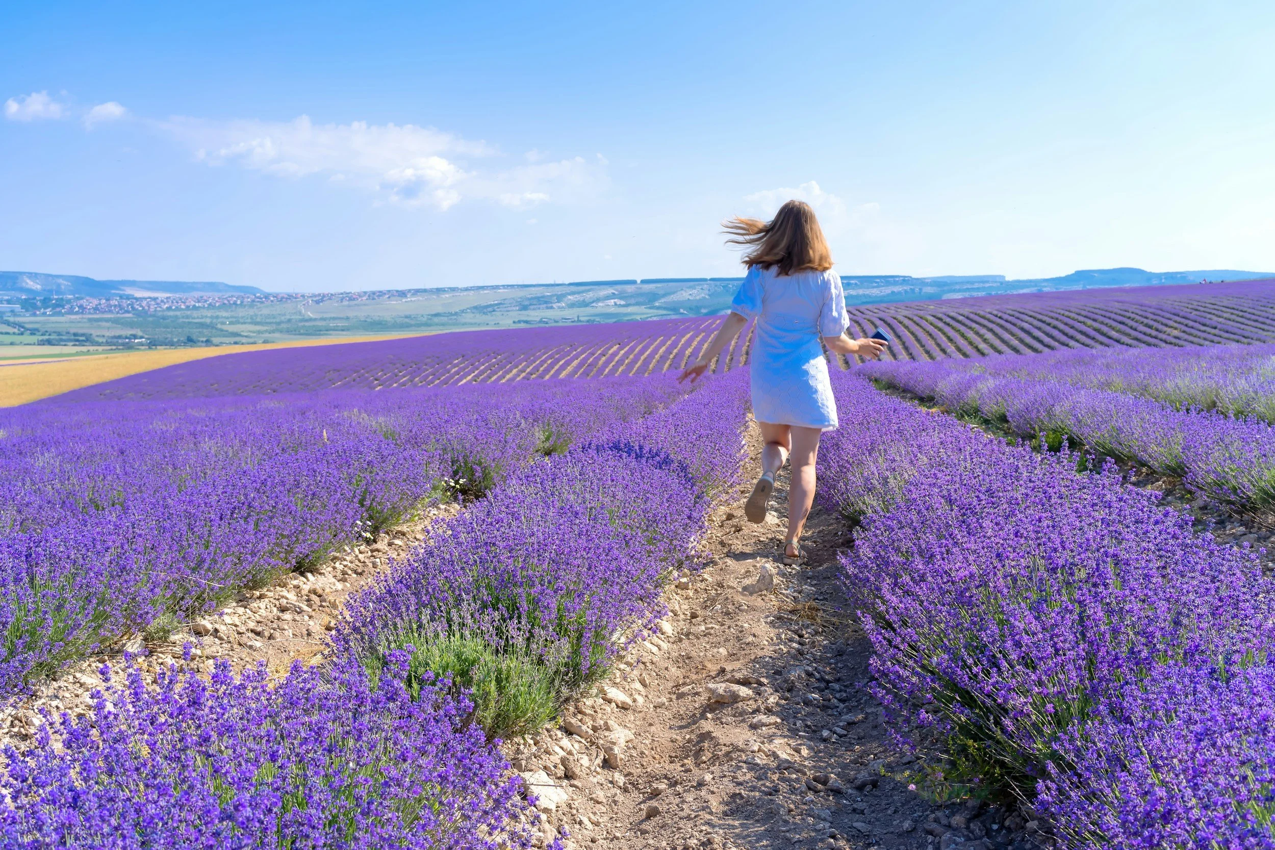 A woman in a white dress walking on a dirt path through a vast lavender field under a blue sky.