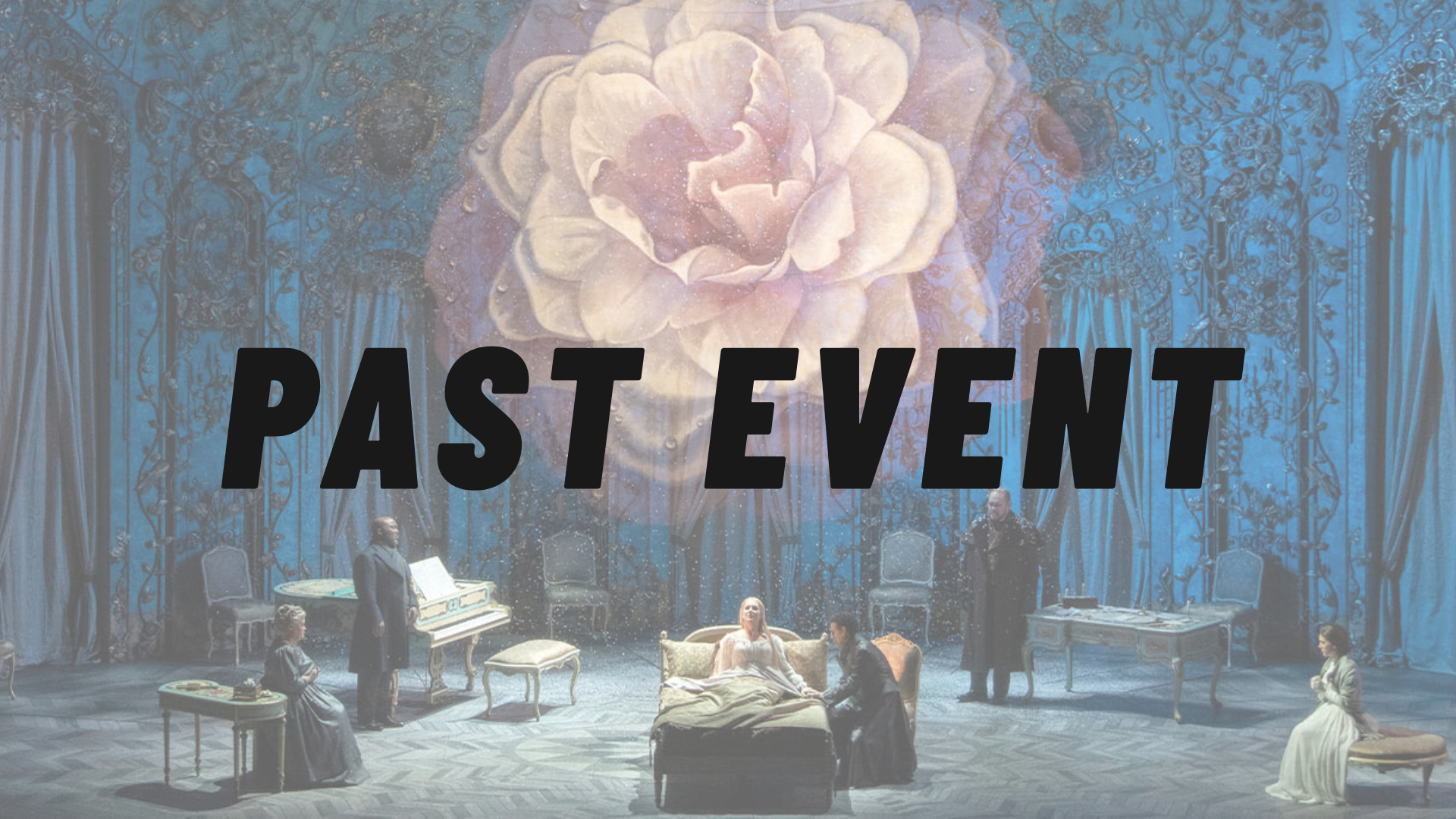 A theatrical stage set with five actors, a bed, and vintage furniture, featuring a large floral backdrop projected on the stage.