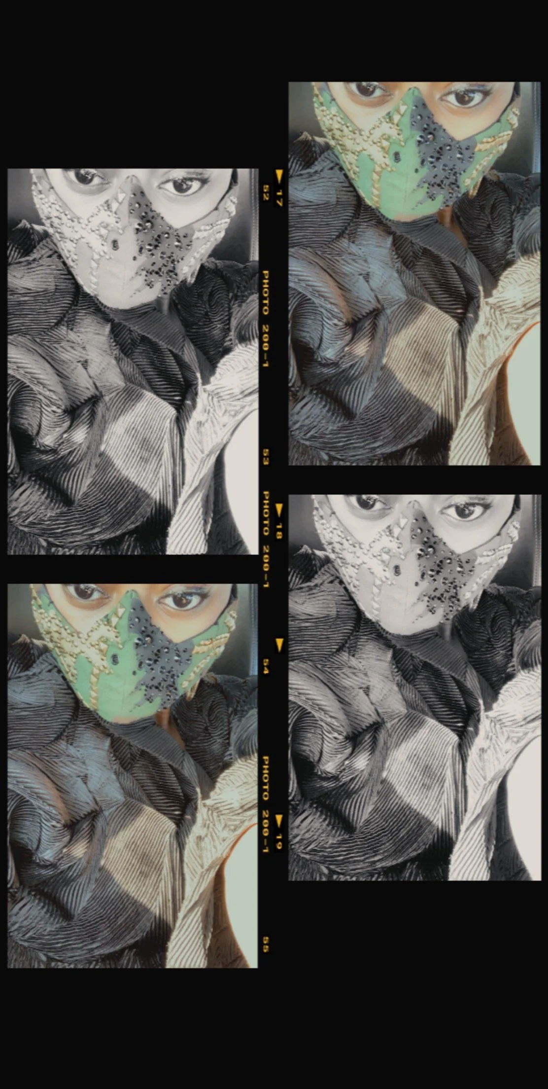 A collage of four photos featuring a person wearing a colorful face mask, with both color and black-and-white versions, taken from an upward angle showing their eyes and upper body.