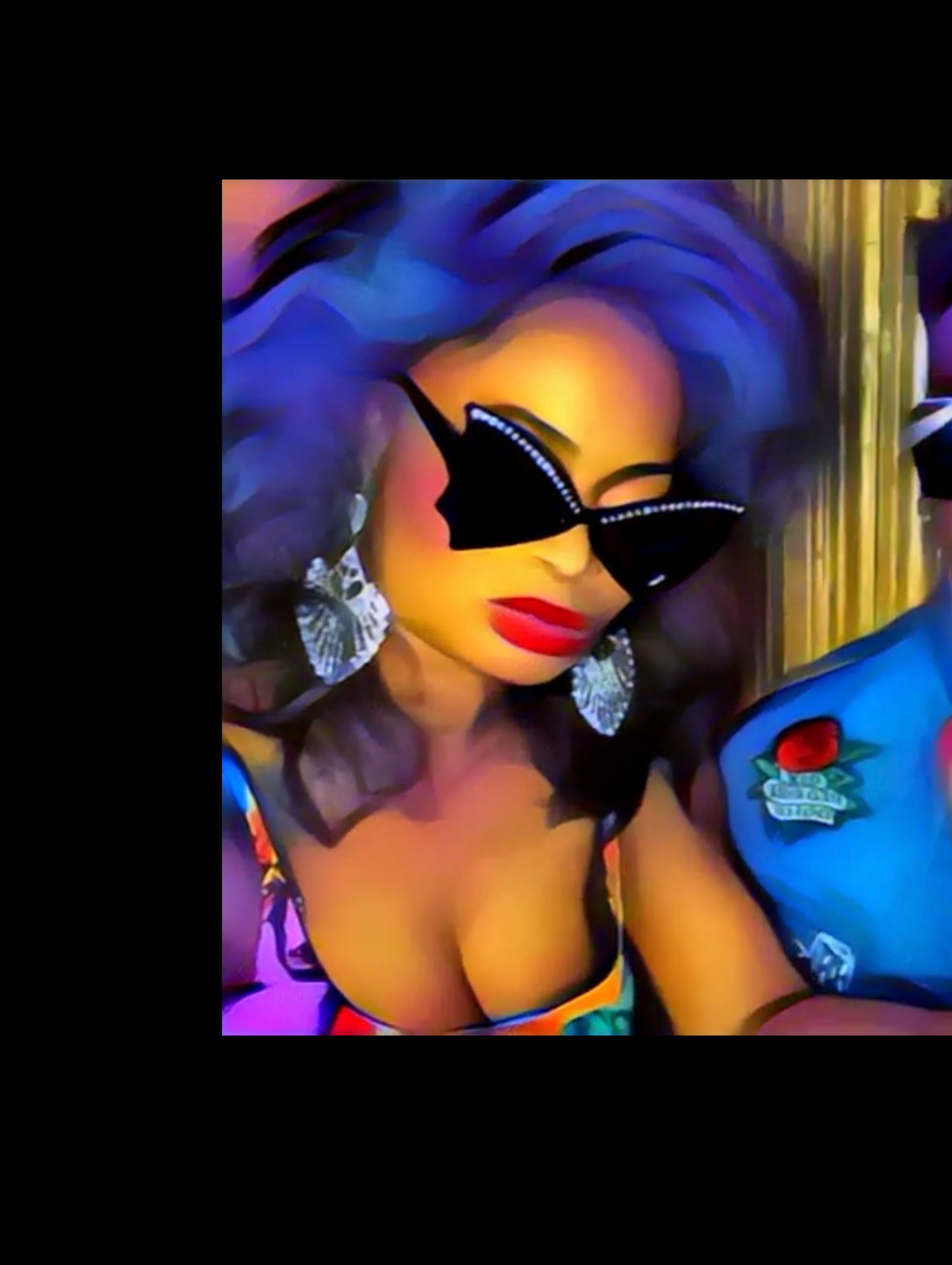 Woman with colorful hair, wearing butterfly sunglasses and large earrings, dressed in a colorful top with a low neckline.